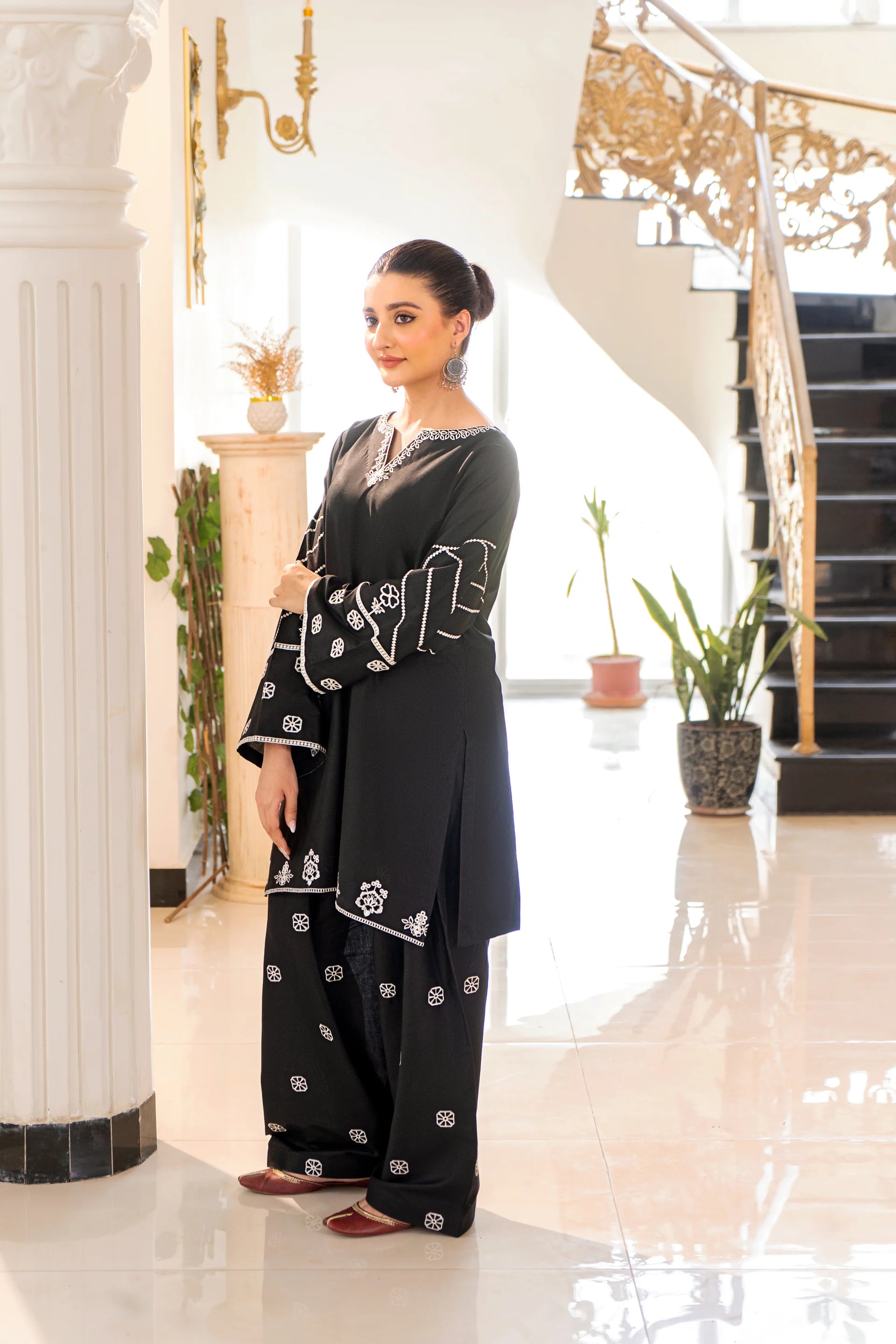 2 Piece - Dhanak Full Heavy Embroidered Suit with Plain Dyed Trouser (Unstitched)