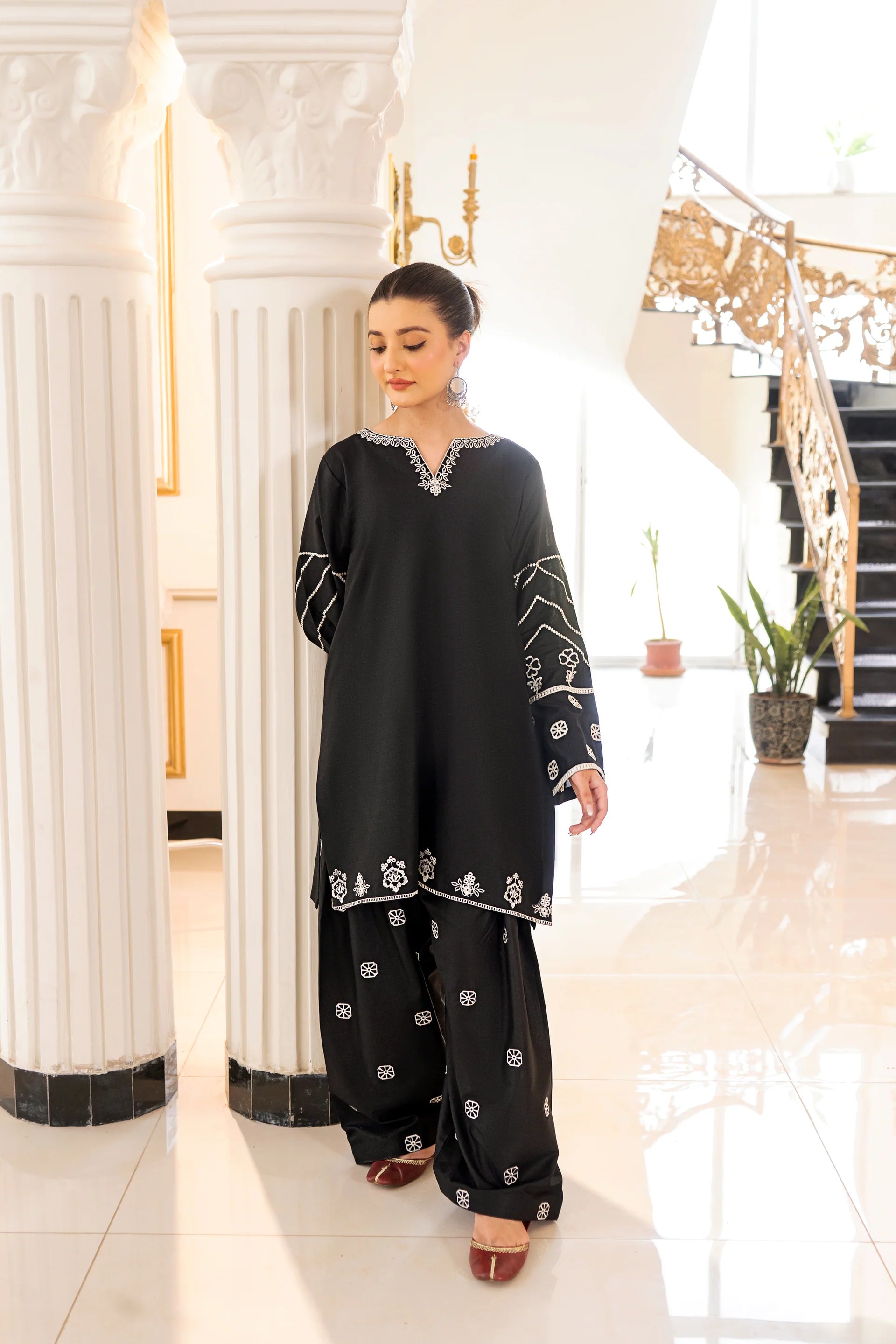 2 Piece - Dhanak Full Heavy Embroidered Suit with Plain Dyed Trouser (Unstitched)