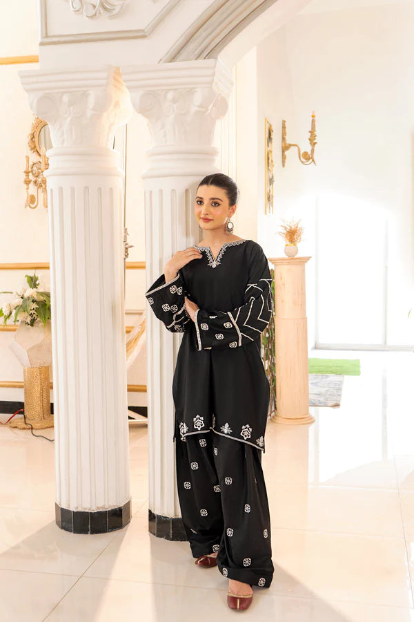 2 Piece - Dhanak Embroidered Suit with Plain Dyed Dhanak Trouser (Unstitched)