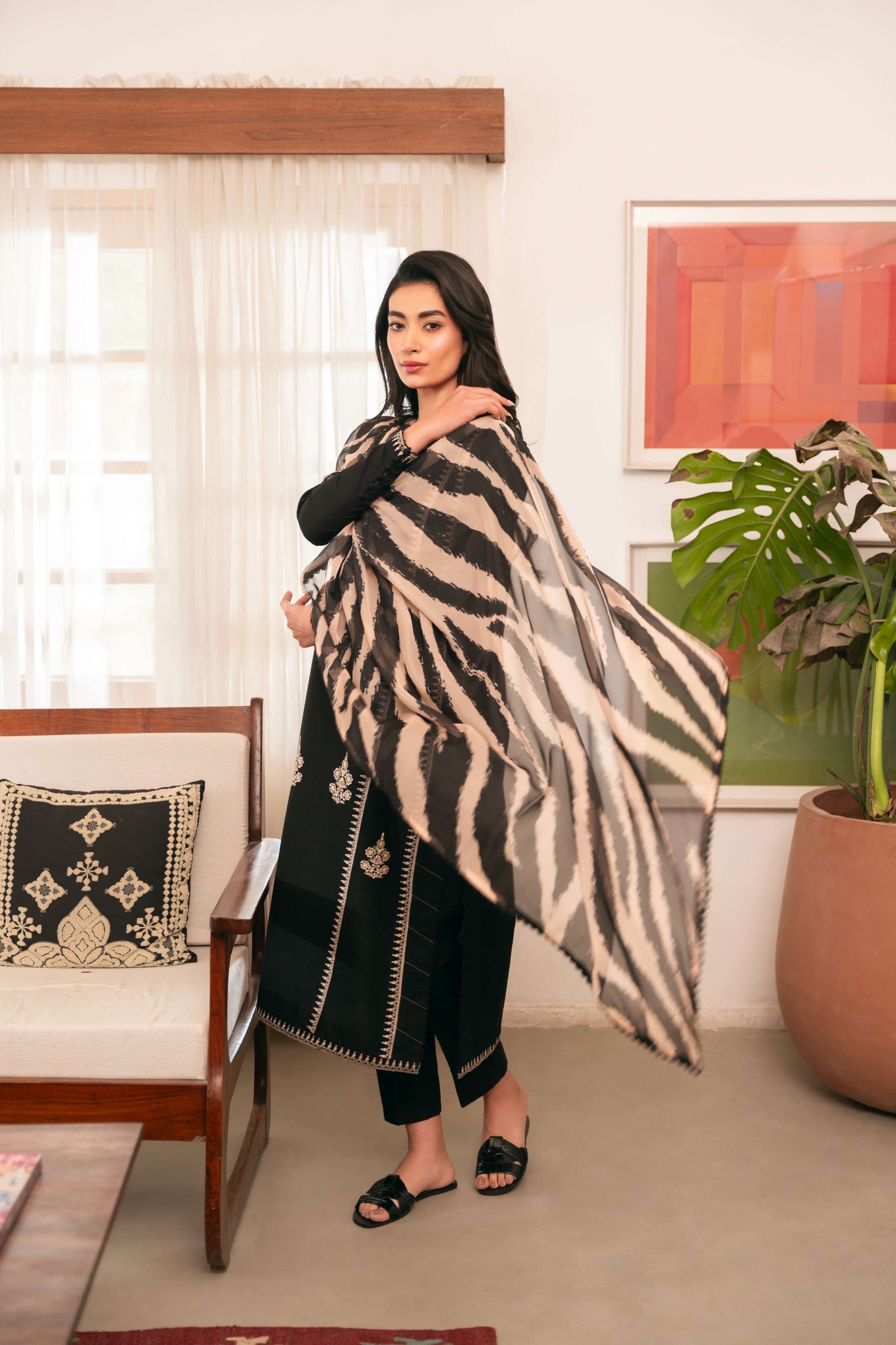 3 Piece - Dhanak Full Heavy Embroidered Suit with Printed Pashmina Shawl (Unstitched)