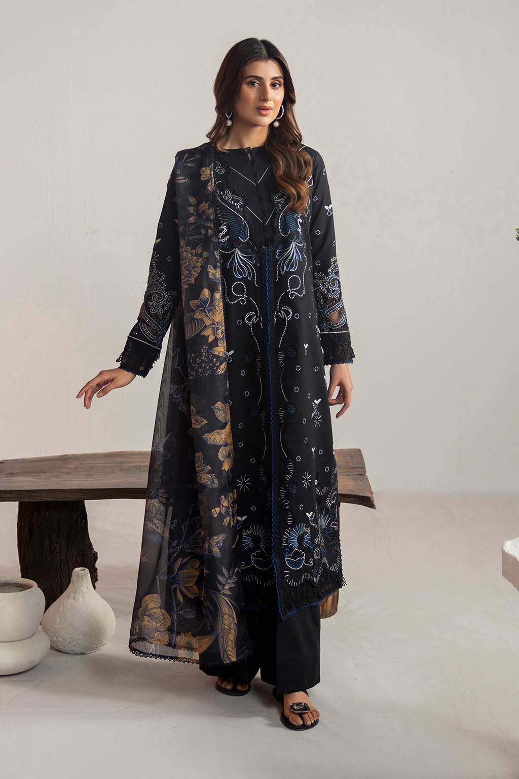 3 Piece - Dhanak Full Heavy Embroidered Suit with Digital Print Wool Shawl (Unstitched)