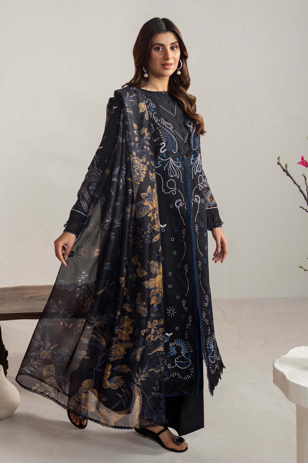 3 Piece - Dhanak Full Heavy Embroidered Suit with Digital Print Wool Shawl (Unstitched)