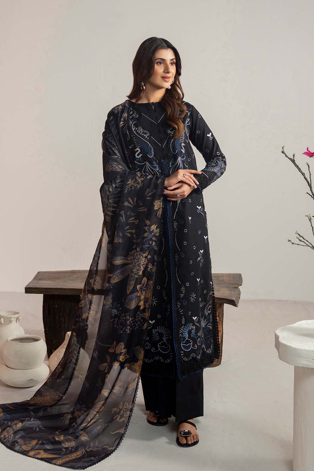3 Piece - Dhanak Full Heavy Embroidered Suit with Digital Print Wool Shawl (Unstitched)