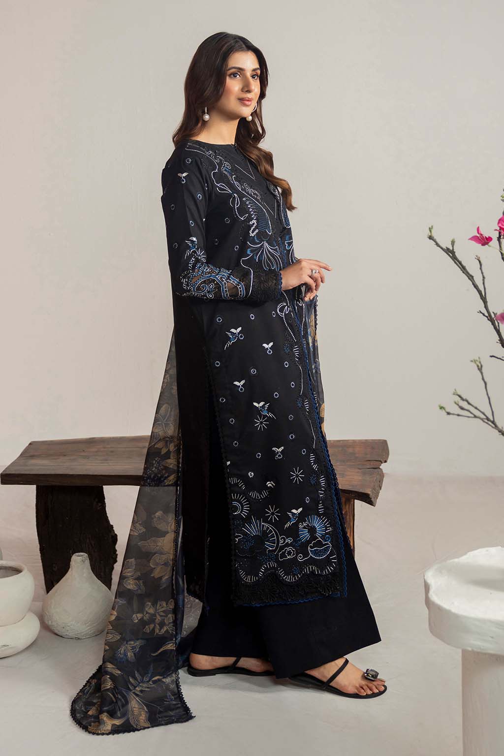3 Piece - Dhanak Full Heavy Embroidered Suit with Digital Print Wool Shawl (Unstitched)
