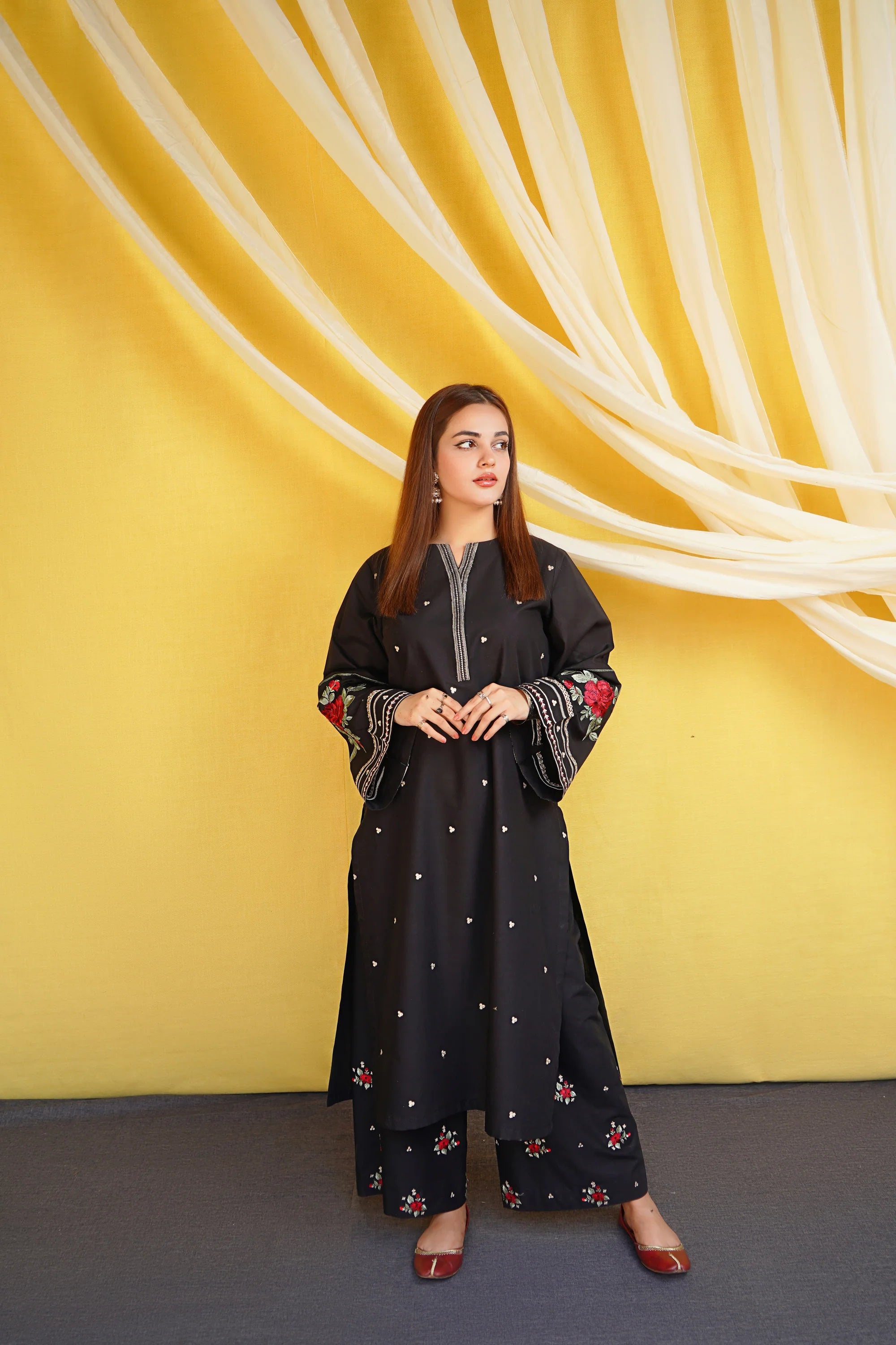 2 Piece - Dhanak Full Heavy Embroidered Suit with Dhanak Embroidered Trouser (Unstitched)