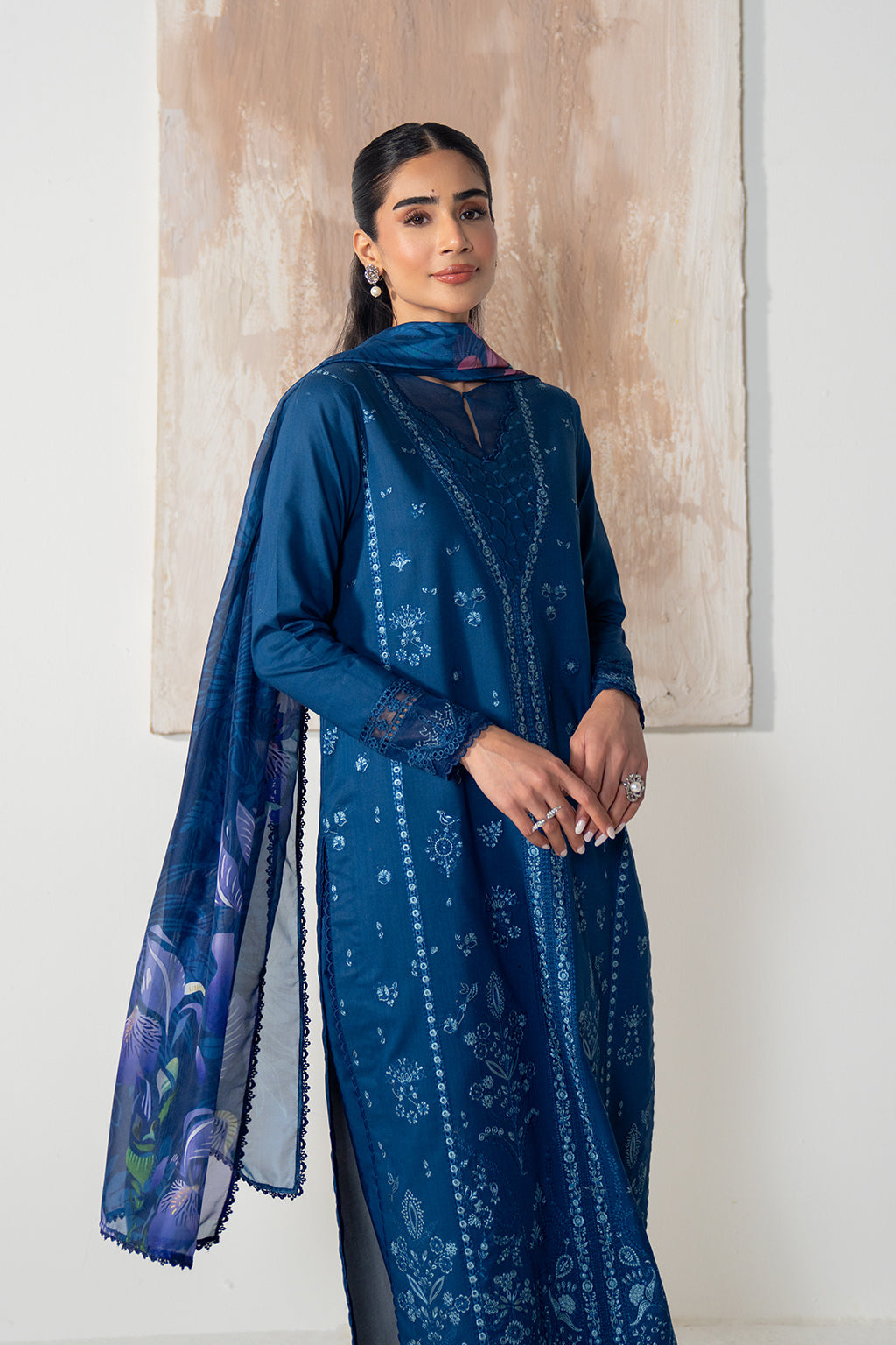 3 Piece - Dhanak Embroidered Suit with Digital Printed Wool Shawl (Unstitched)