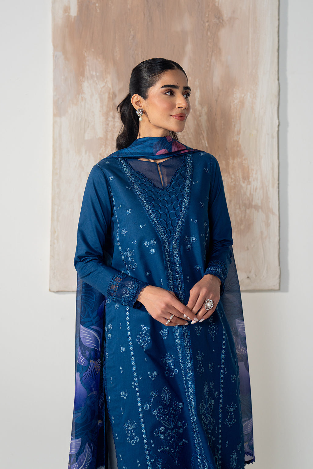 3 Piece - Dhanak Embroidered Suit with Digital Printed Wool Shawl (Unstitched)