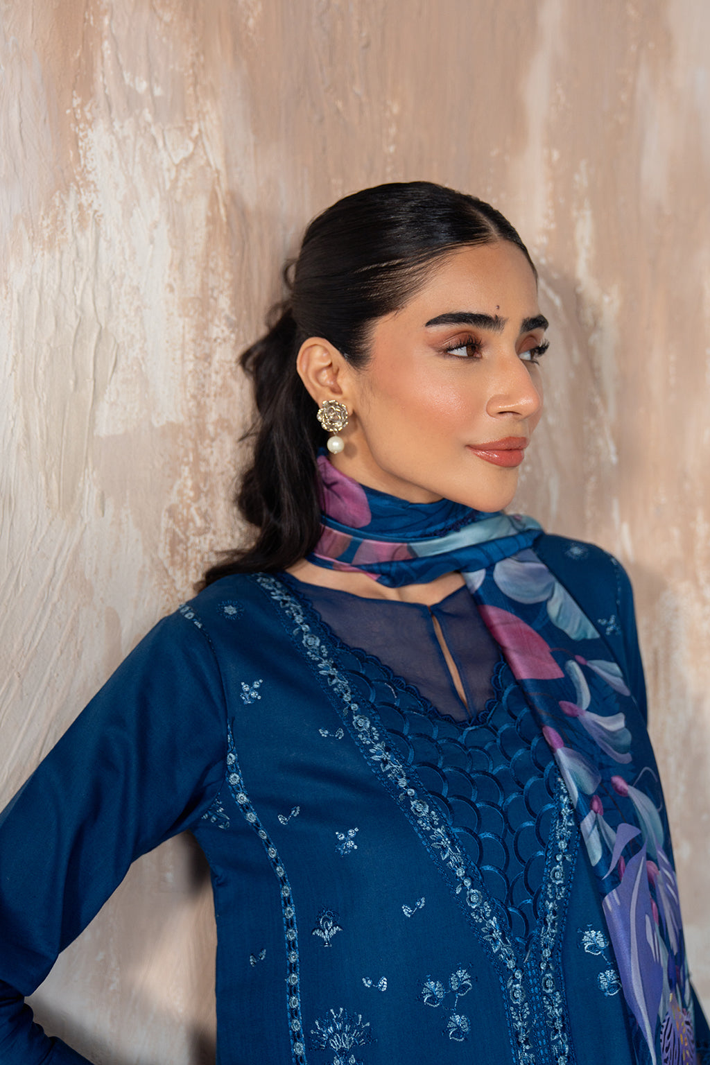 3 Piece - Dhanak Embroidered Suit with Digital Printed Wool Shawl (Unstitched)