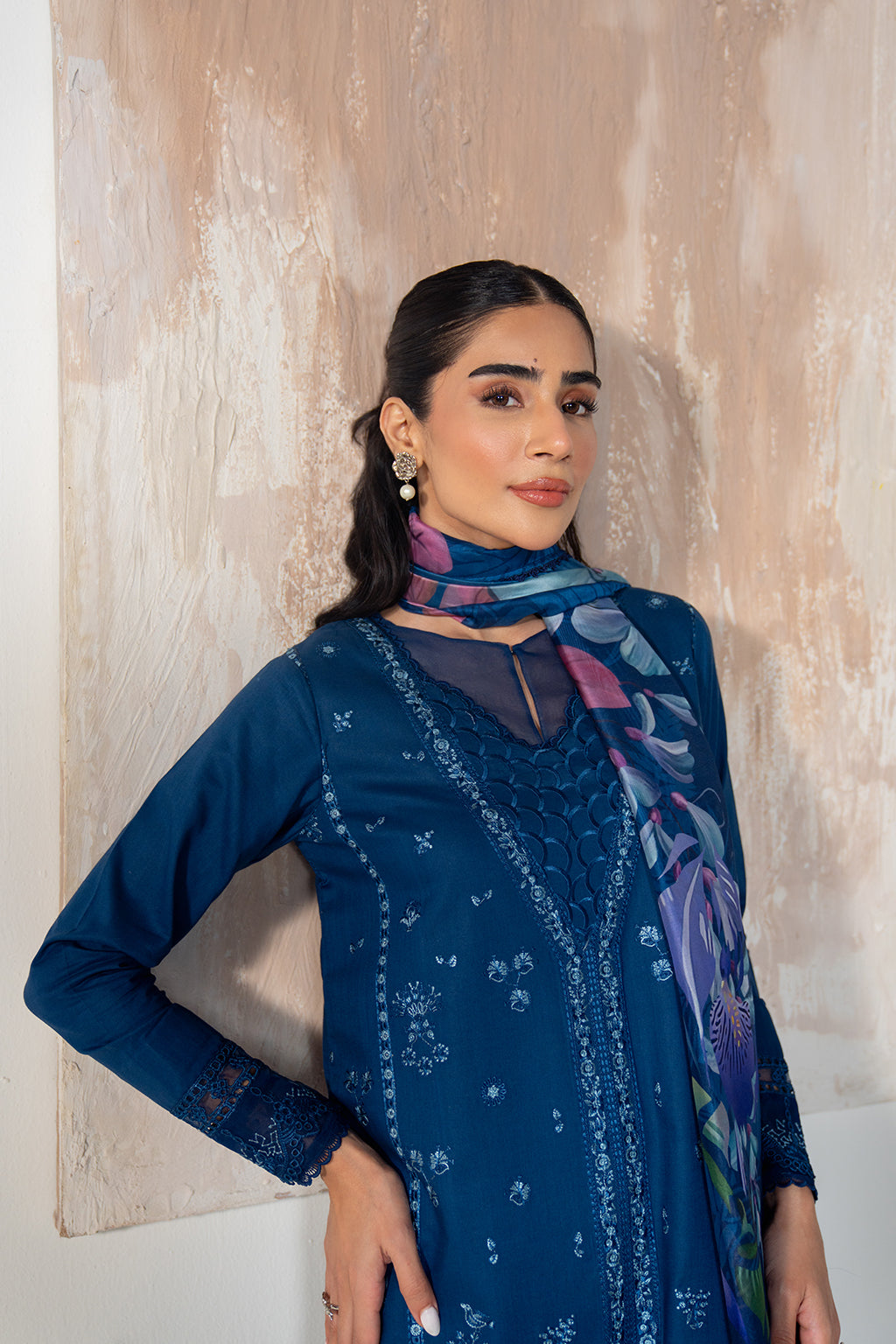 3 Piece - Dhanak Embroidered Suit with Digital Printed Wool Shawl (Unstitched)