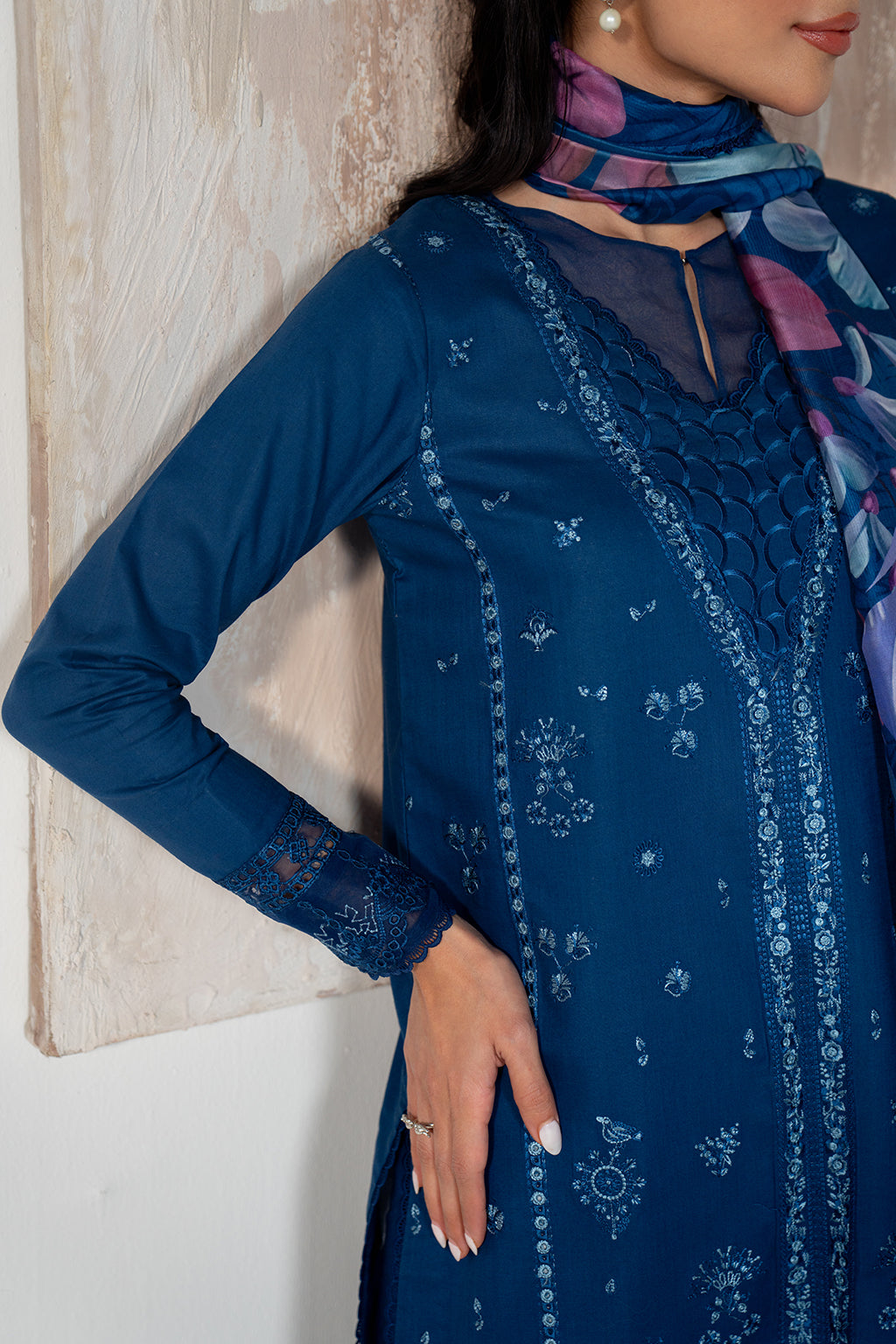 3 Piece - Dhanak Embroidered Suit with Digital Printed Wool Shawl (Unstitched)
