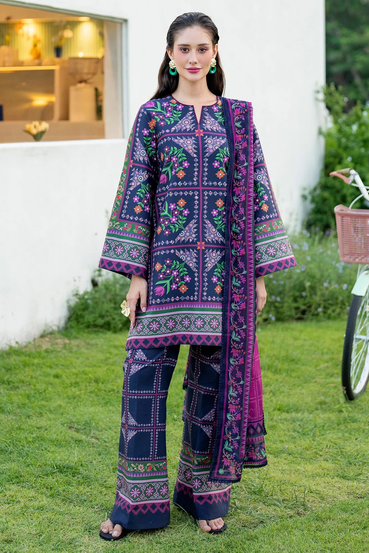3 Piece - Shamooz Silk Suit with Digital Printed Silk Dupatta (Unstitched)
