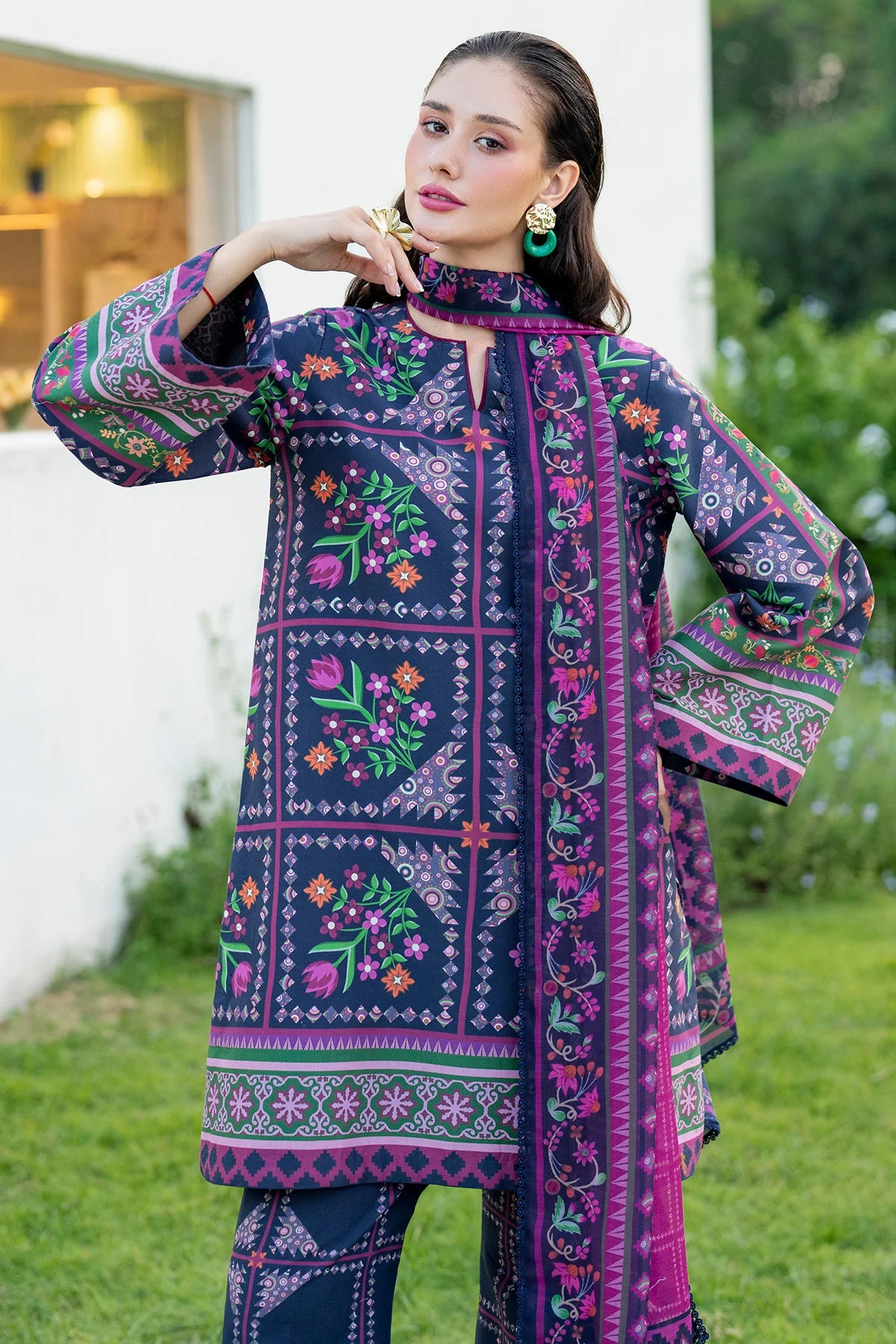 3 Piece - Shamooz Silk Suit with Digital Printed Silk Dupatta (Unstitched)
