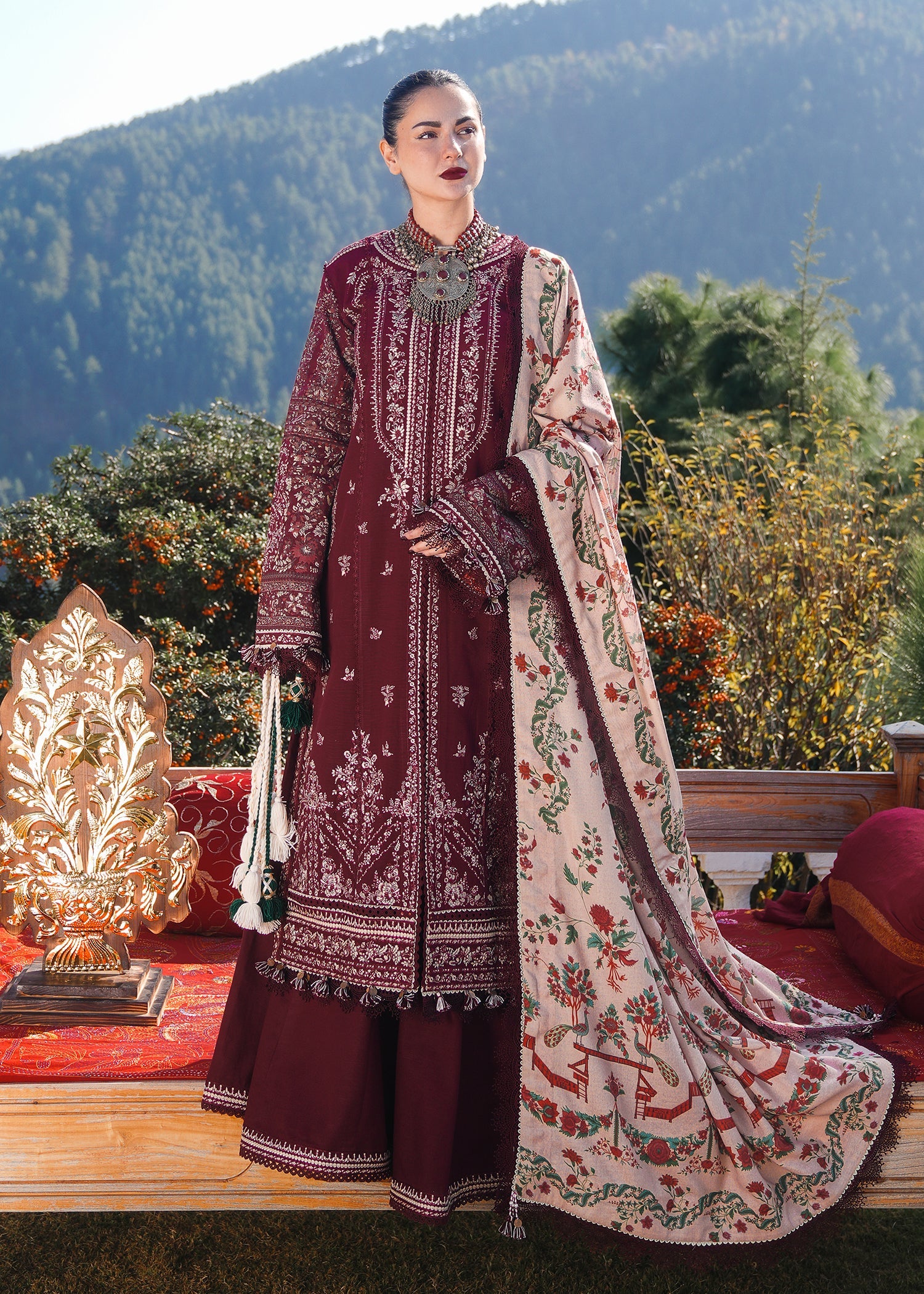 3 Piece - Dhanak Embroidered Suit with Digital Printed Soft Pashmina Wool Shawl (Unstitched)