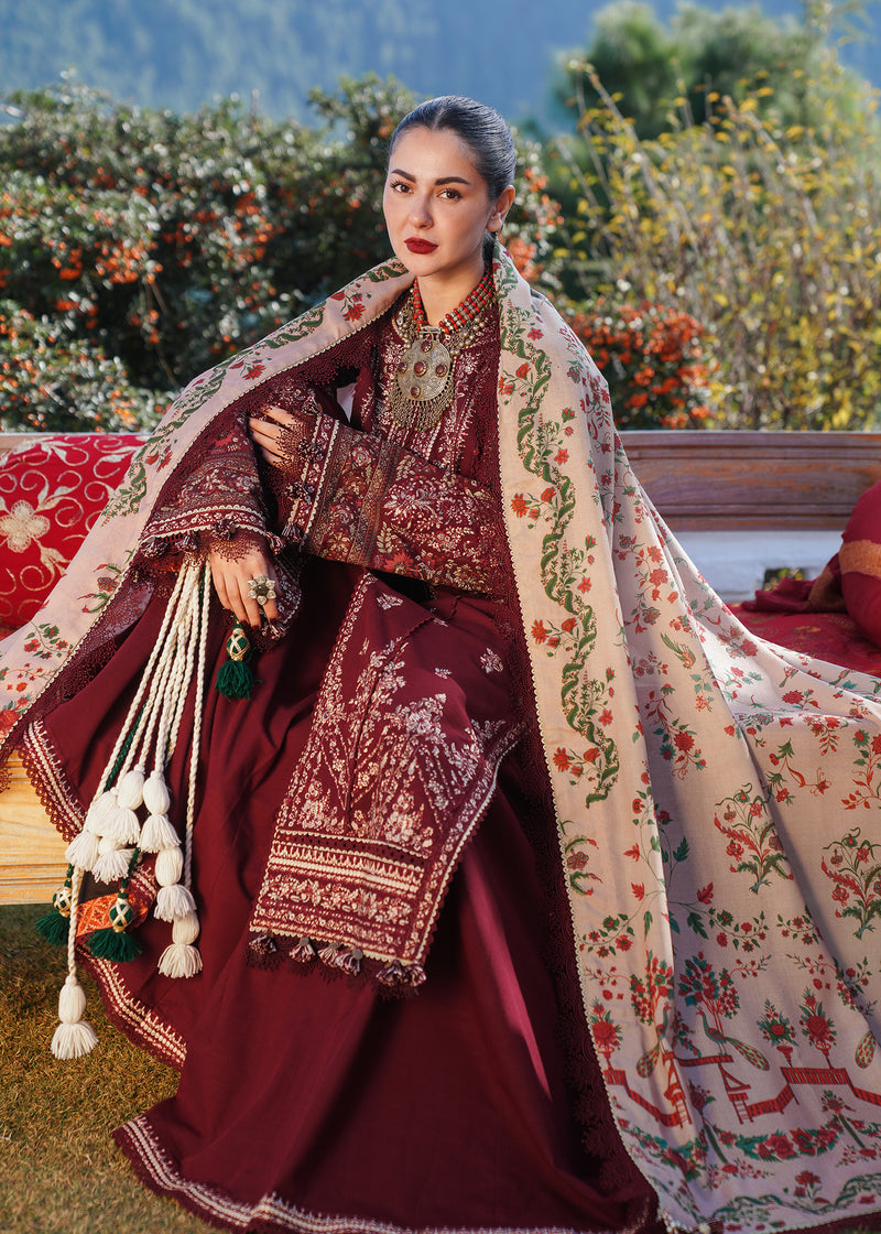 3 Piece - Dhanak Embroidered Suit with Digital Printed Soft Pashmina Wool Shawl (Unstitched)