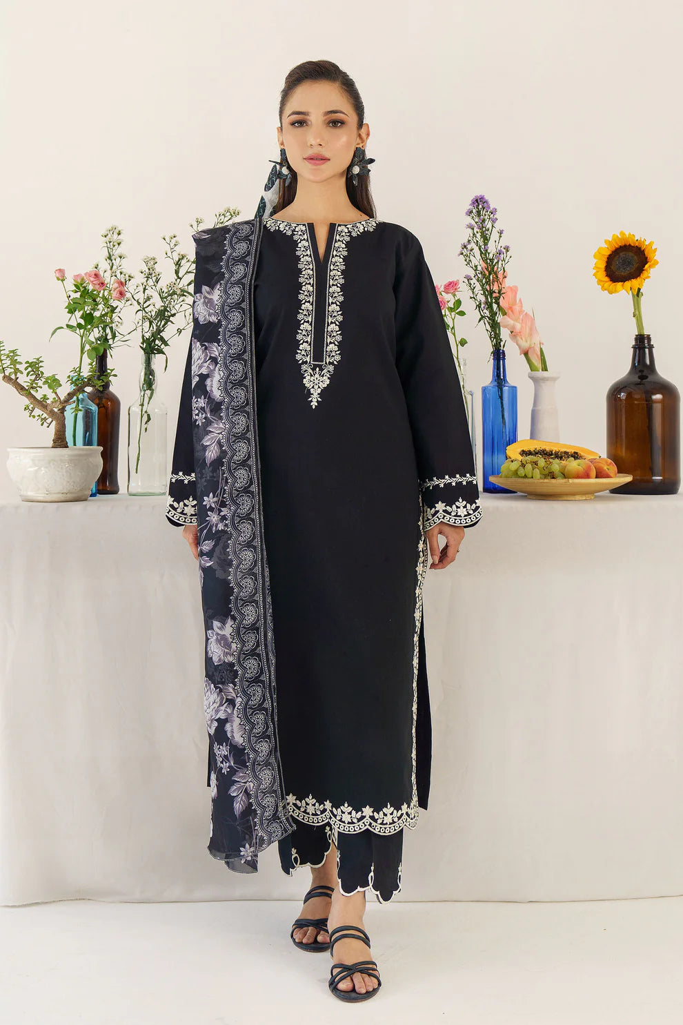 3 Piece - Dhanak Embroidered Suit with Digital Printed Pashmina Shawl (Unstitched)