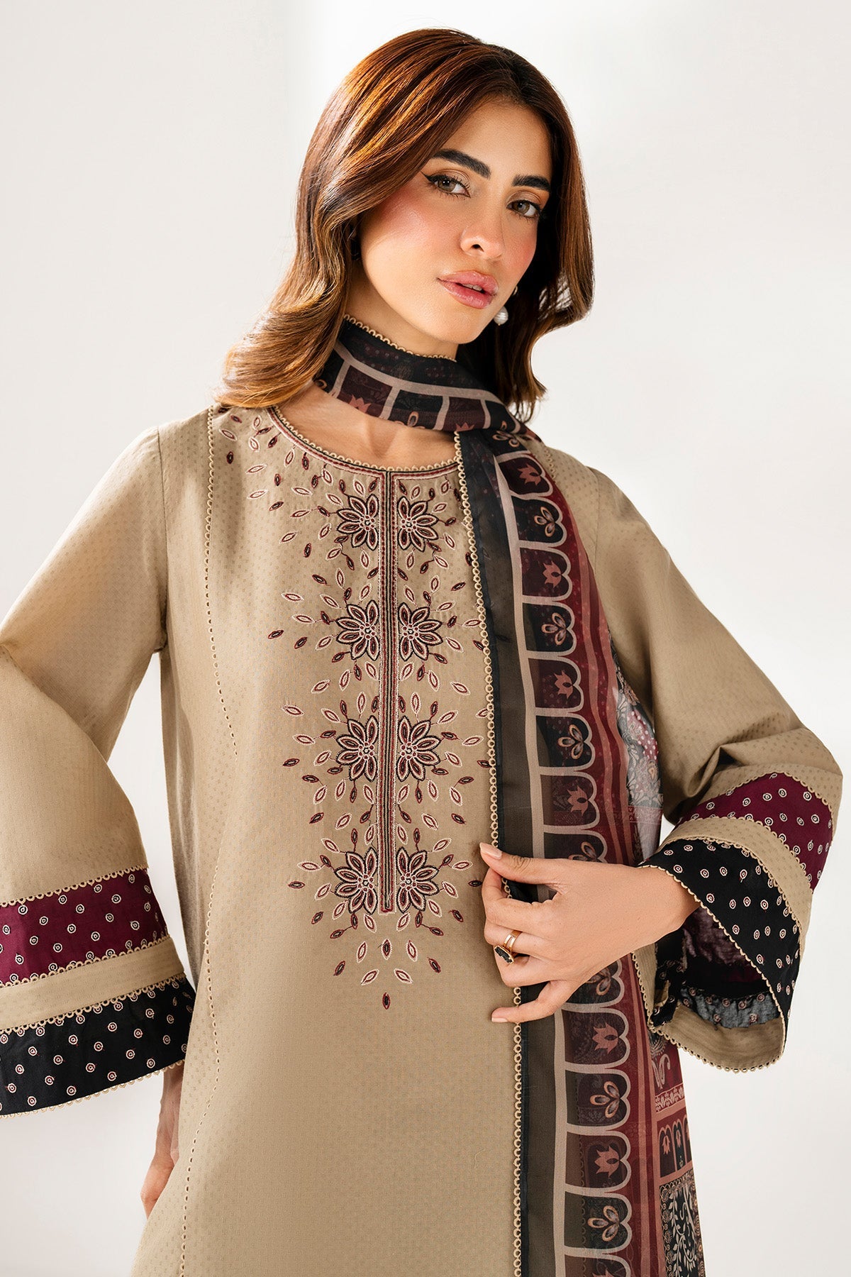 3 Piece - Jazmin Dhanak Embroidered Suit with Digital Printed Wool Shawl (Unstitched)