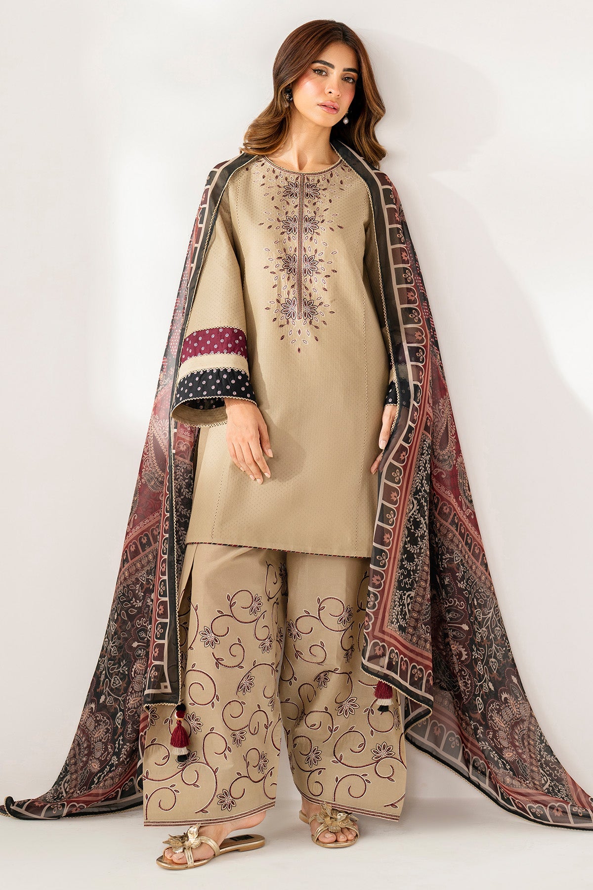 3 Piece - Jazmin Dhanak Embroidered Suit with Digital Printed Wool Shawl (Unstitched)