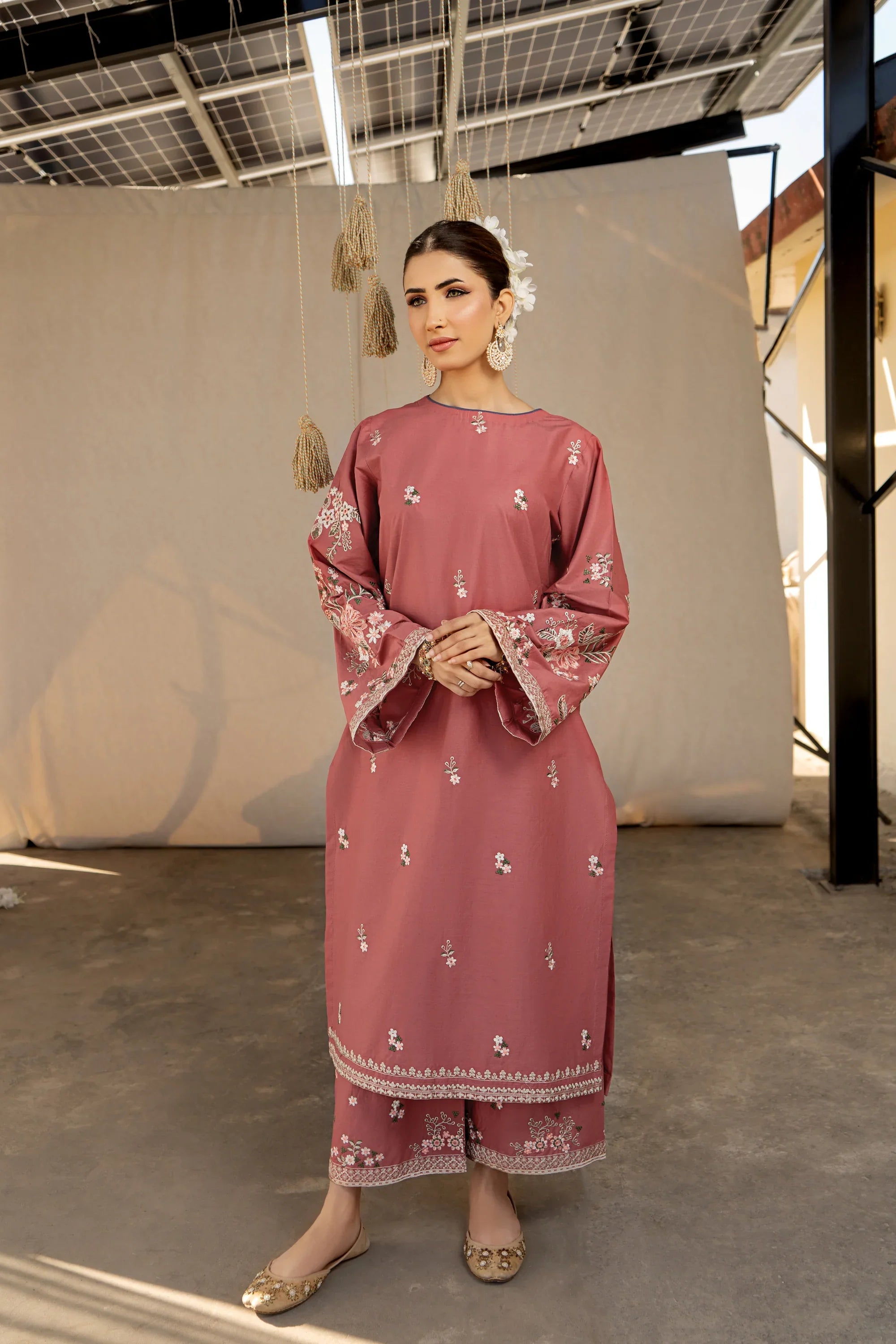 2 Piece - Dhanak Full Embroidered Suit with Heavy Embroidered Sleeves(Unstitched)