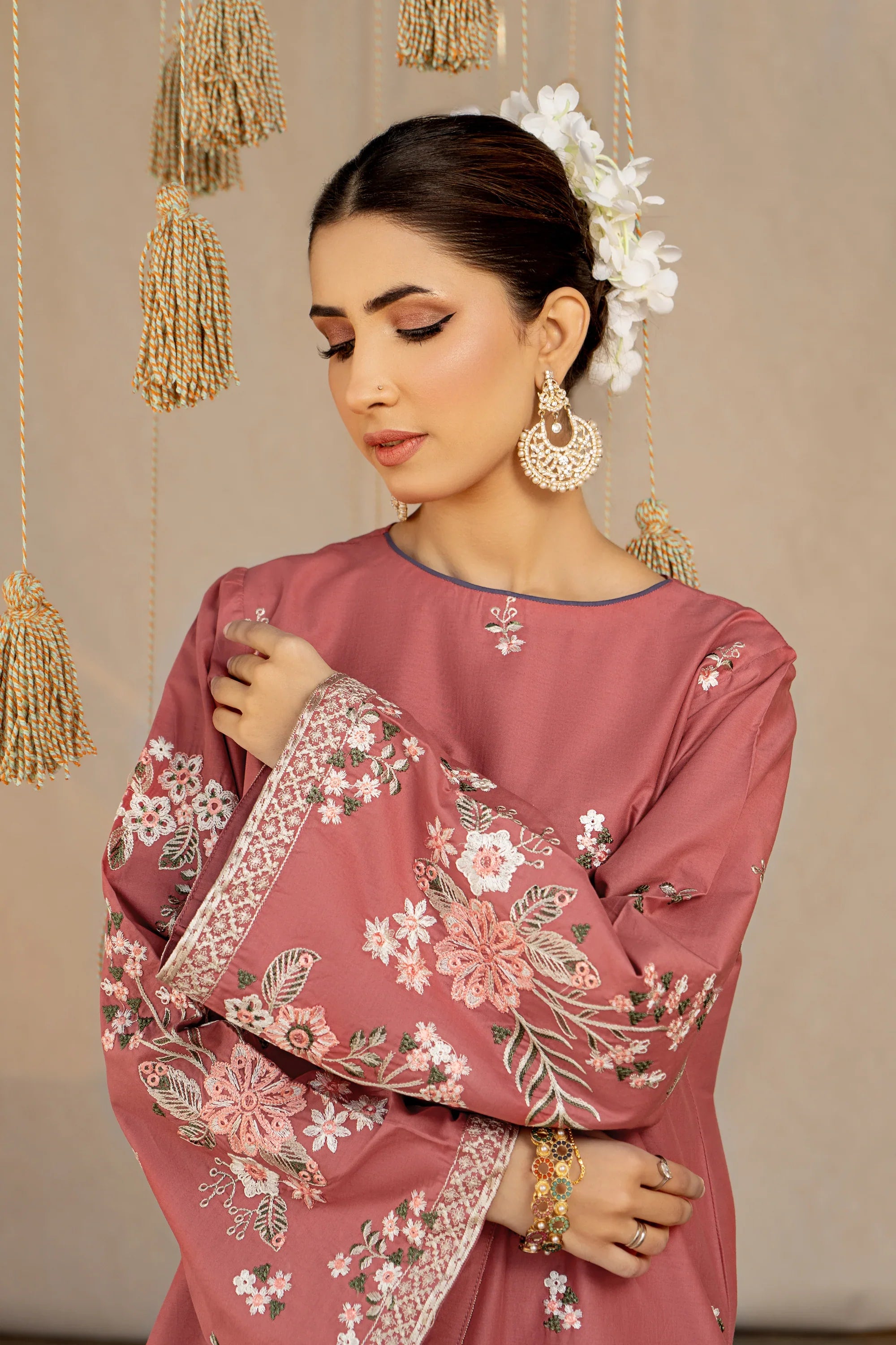 2 Piece - Dhanak Full Embroidered Suit with Heavy Embroidered Sleeves(Unstitched)