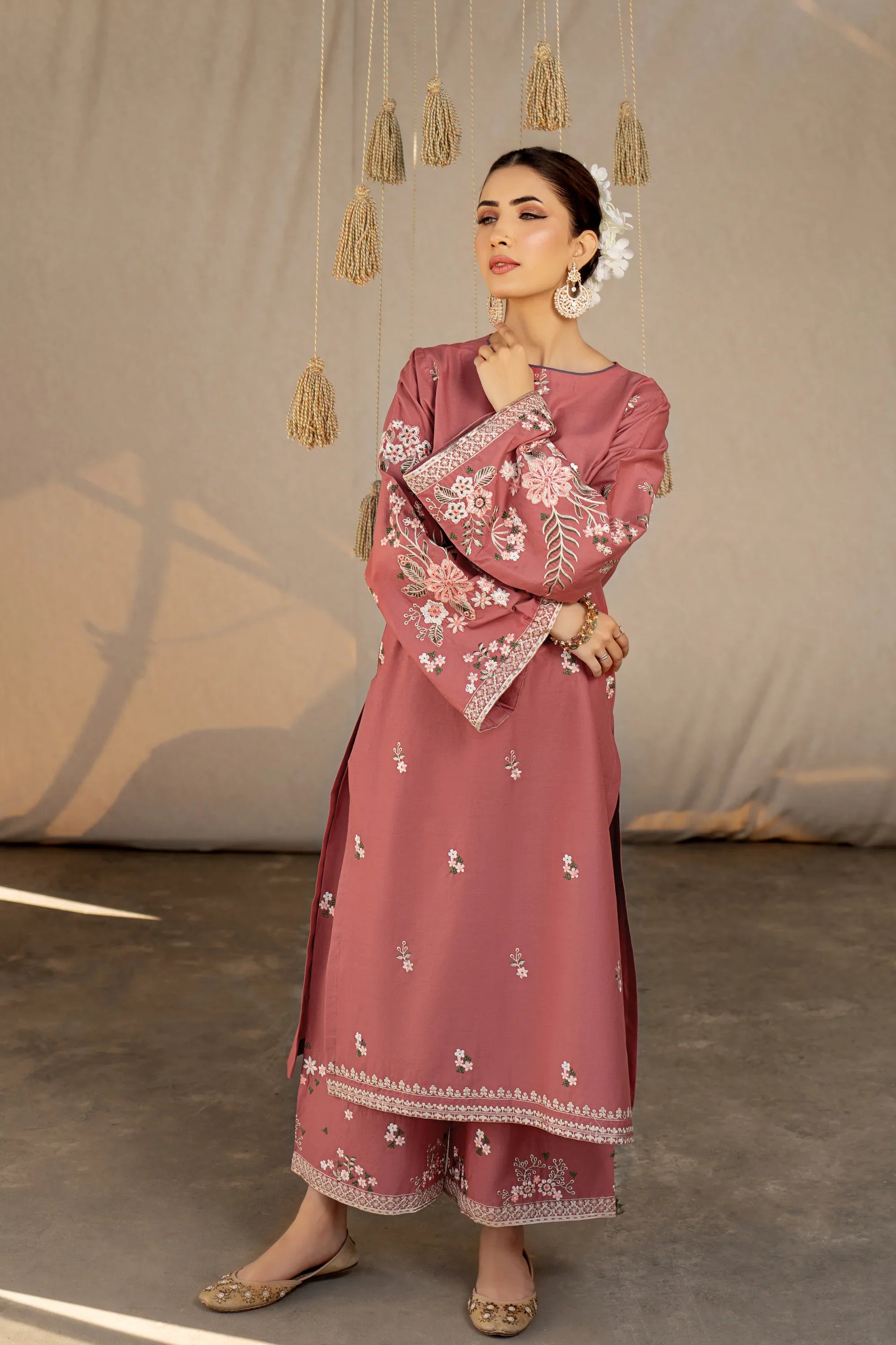 2 Piece - Dhanak Full Embroidered Suit with Heavy Embroidered Sleeves(Unstitched)