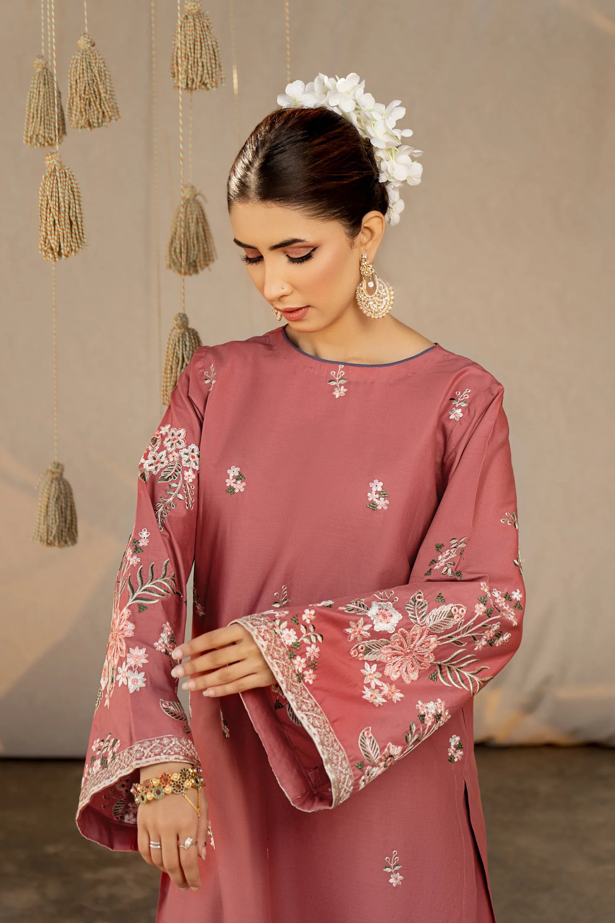 2 Piece - Dhanak Full Embroidered Suit with Heavy Embroidered Sleeves(Unstitched)
