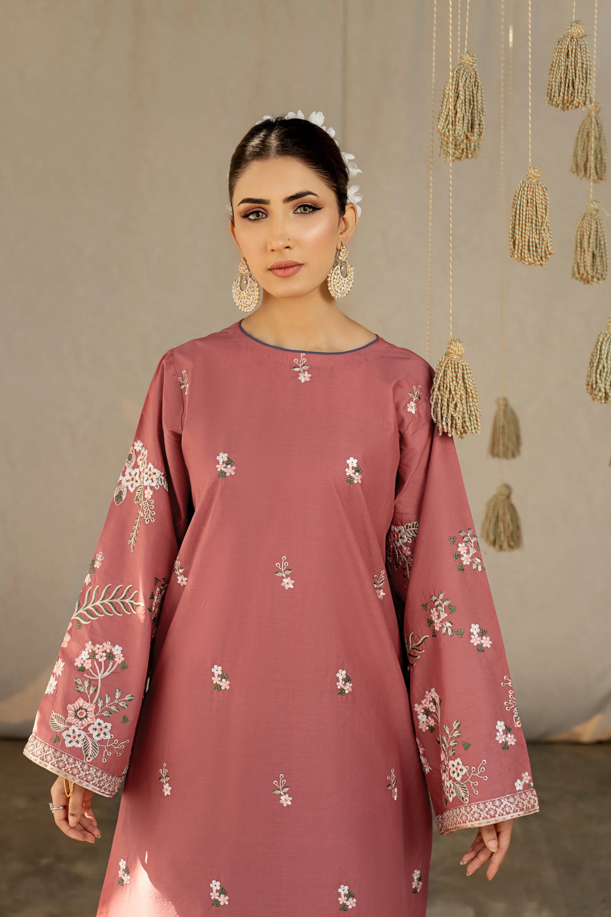 2 Piece - Dhanak Full Embroidered Suit with Heavy Embroidered Sleeves(Unstitched)