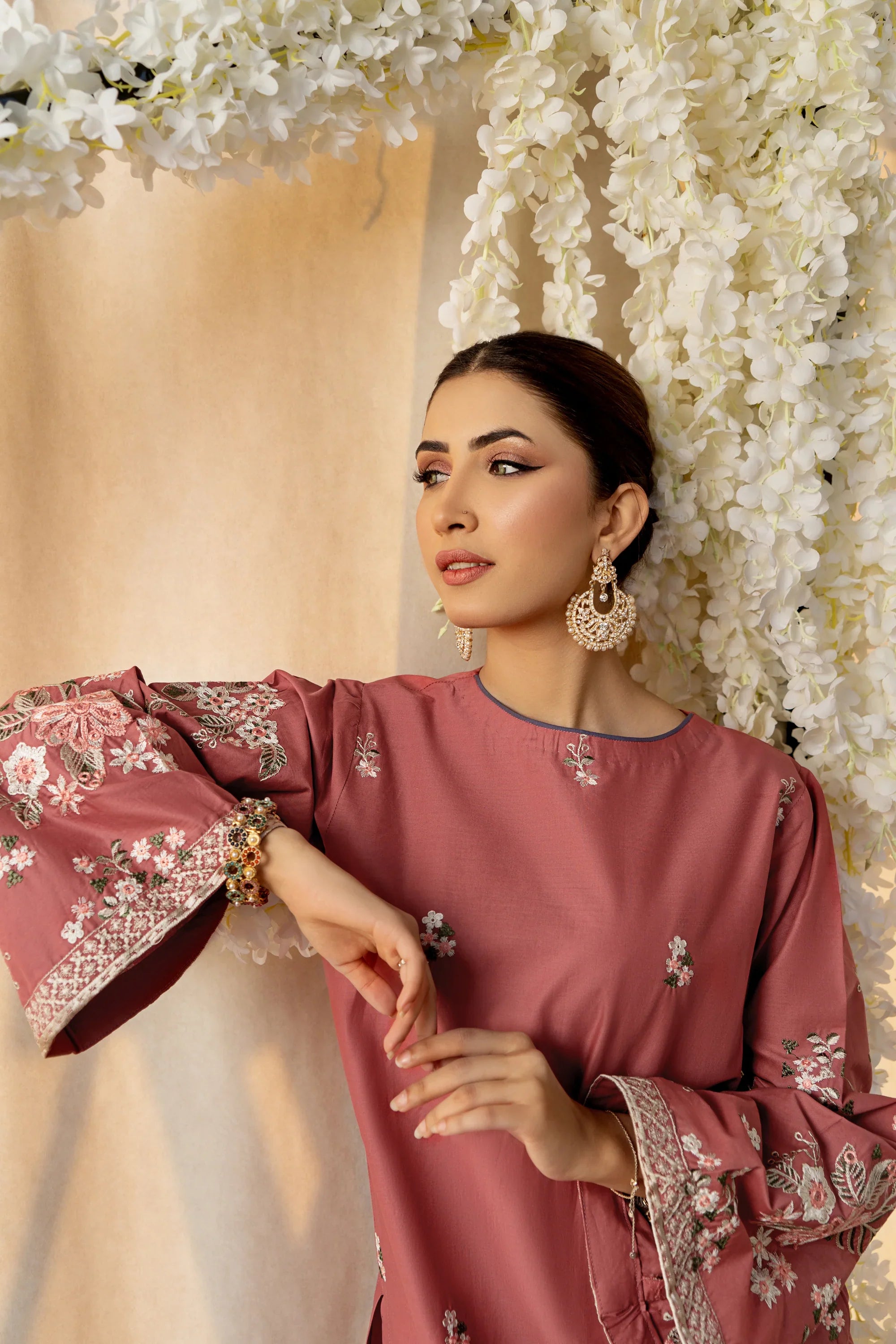 2 Piece - Dhanak Full Embroidered Suit with Heavy Embroidered Sleeves(Unstitched)