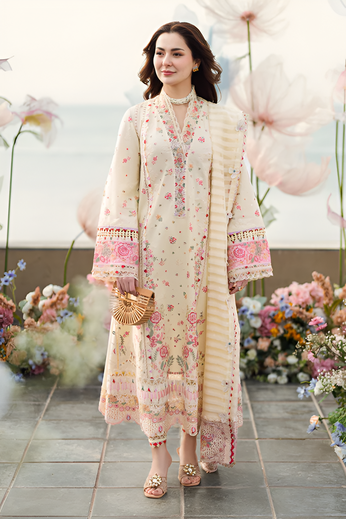 3 Piece - Dhanak Embroidered Suit with Dhanak Heavy Embroidered Shawl (Unstitched)