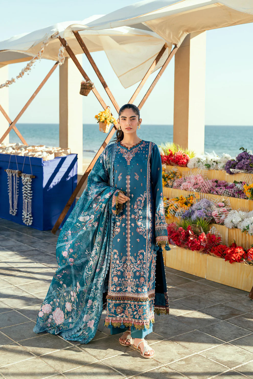 3 Piece - Dhanak Embroidered Suit with Dhanak Digital Printed Shawl (Unstitched)