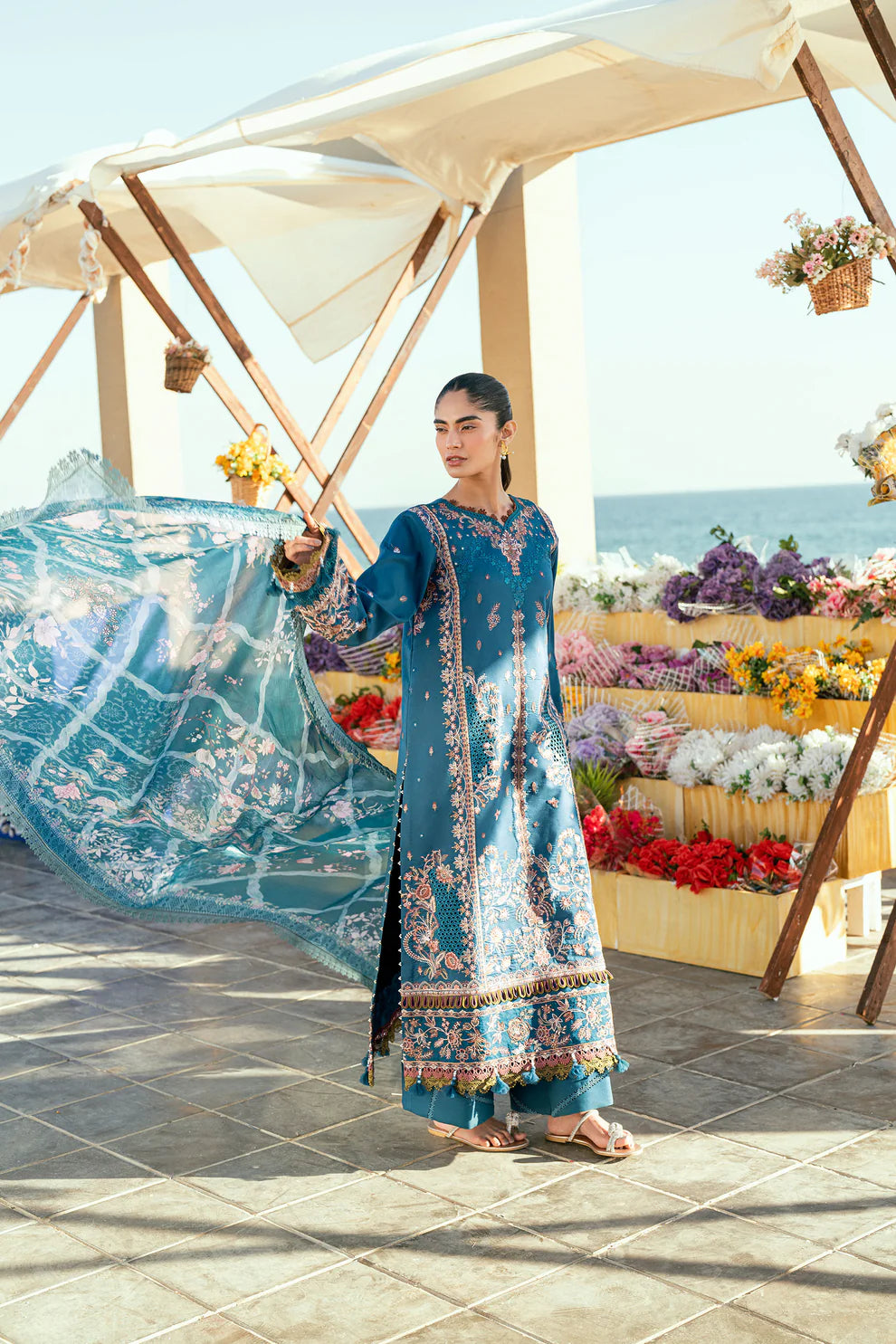 3 Piece - Dhanak Embroidered Suit with Dhanak Digital Printed Shawl (Unstitched)
