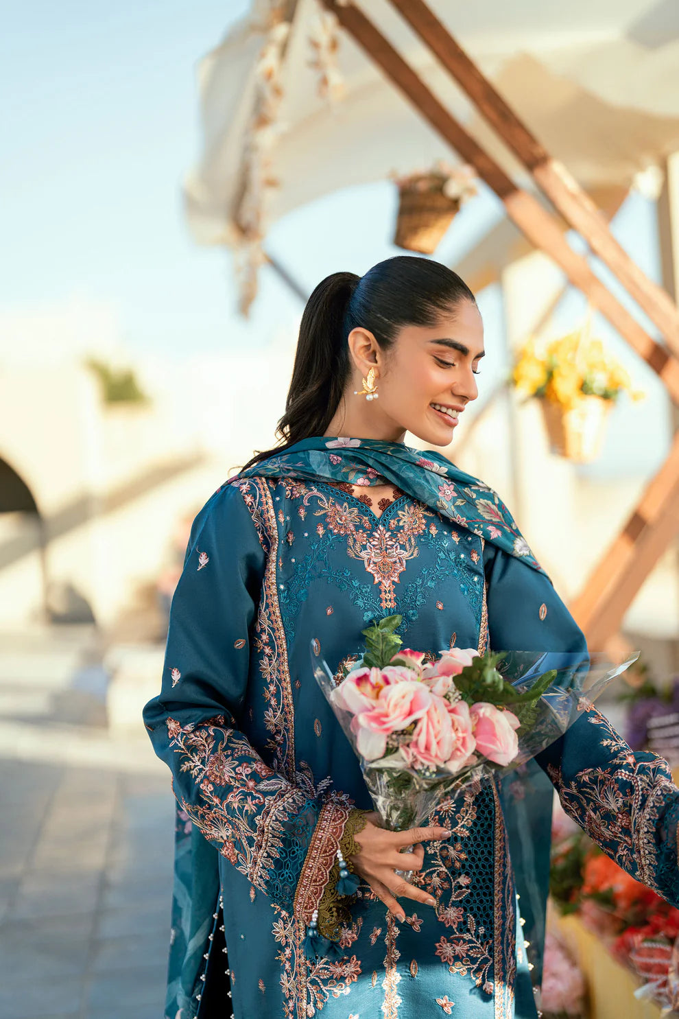 3 Piece - Dhanak Embroidered Suit with Dhanak Digital Printed Shawl (Unstitched)