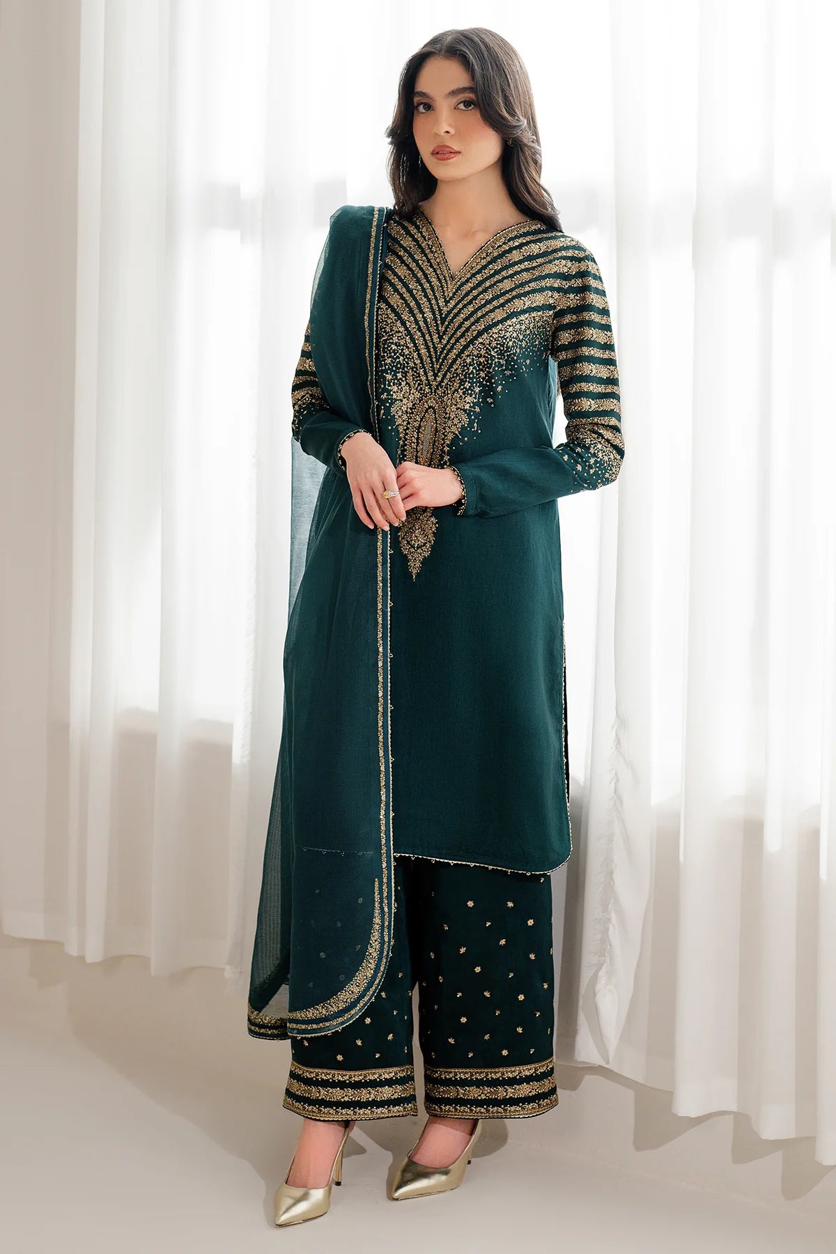 3 Piece - Jazmin Dhanak Full Heavy Embroidered Suit with Heavy Dhanak Embroidered Shawl (Unstitched)