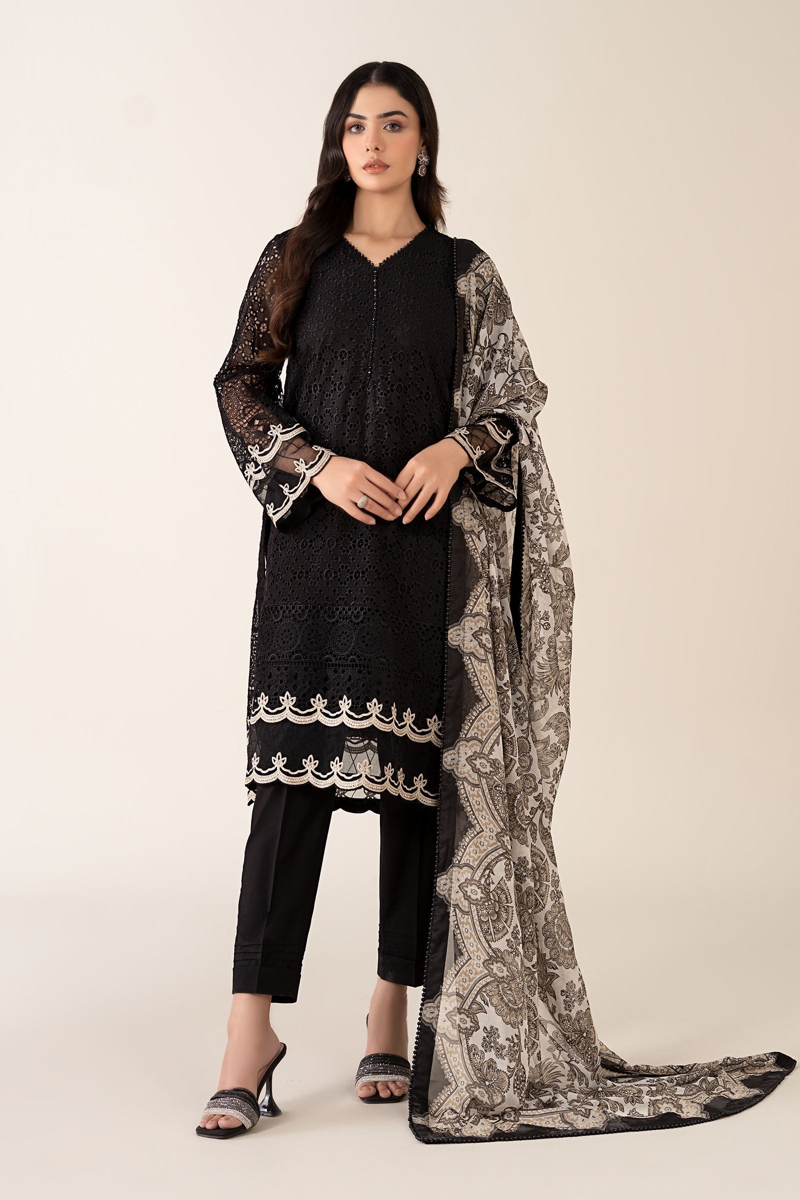 3 Piece - Dhanak Embroidered Suit with Digital Printed Wool Shawl (Unstitched)