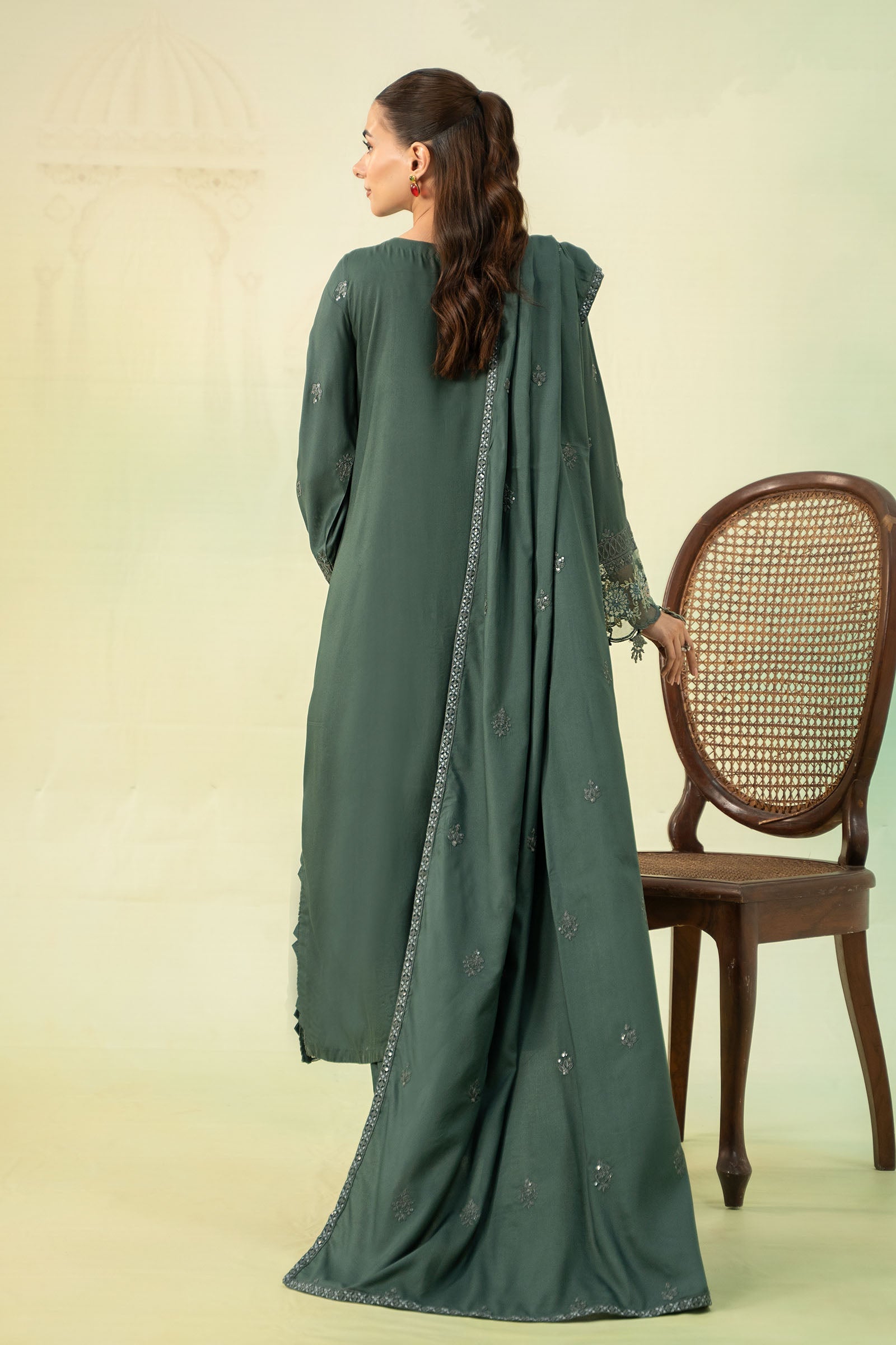 3 Piece - Maria B Dhanak Full Heavy Embroidered Suit with Dhanak Heavy Embroidered Shawl (Unstitched)
