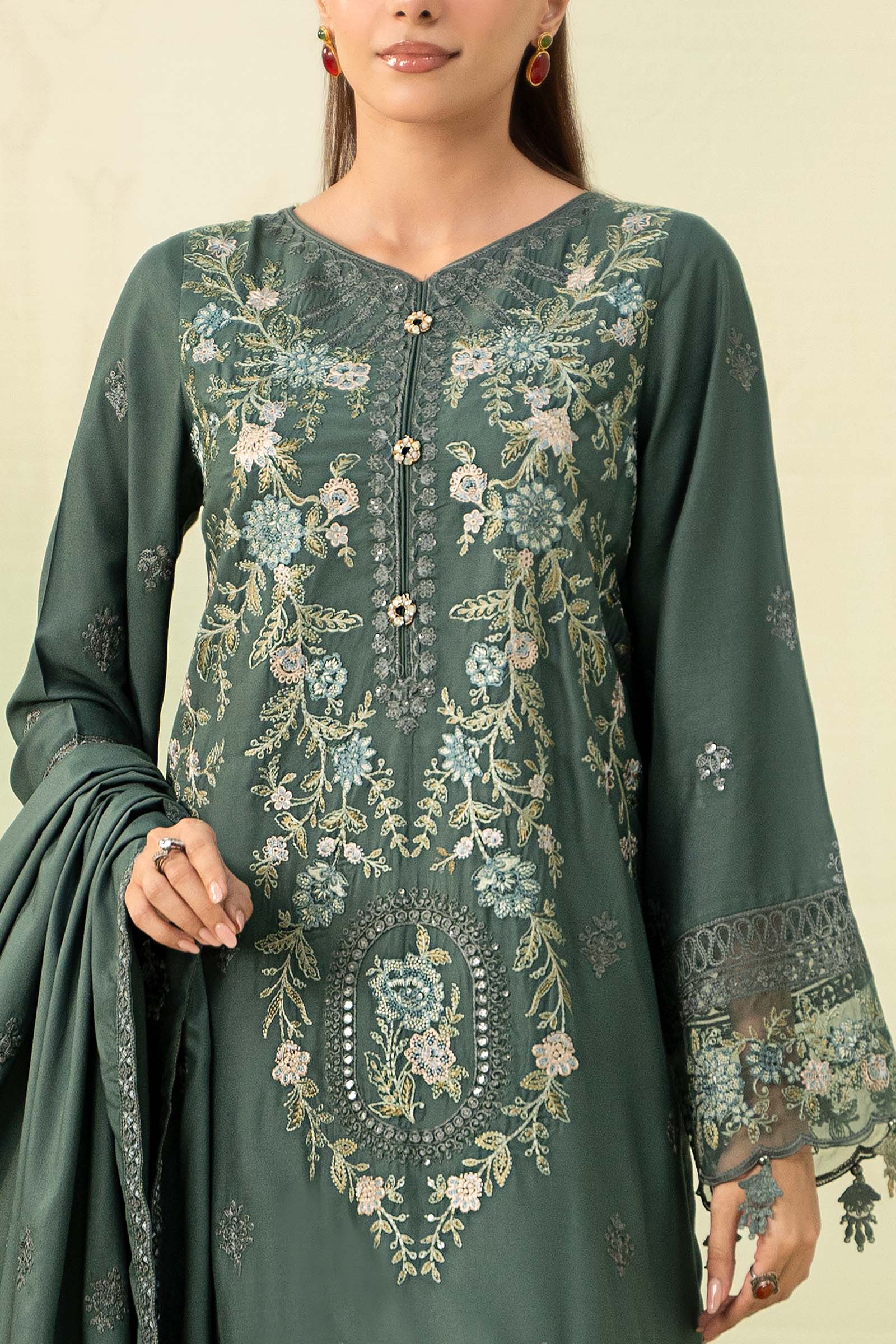 3 Piece - Maria B Dhanak Full Heavy Embroidered Suit with Dhanak Heavy Embroidered Shawl (Unstitched)