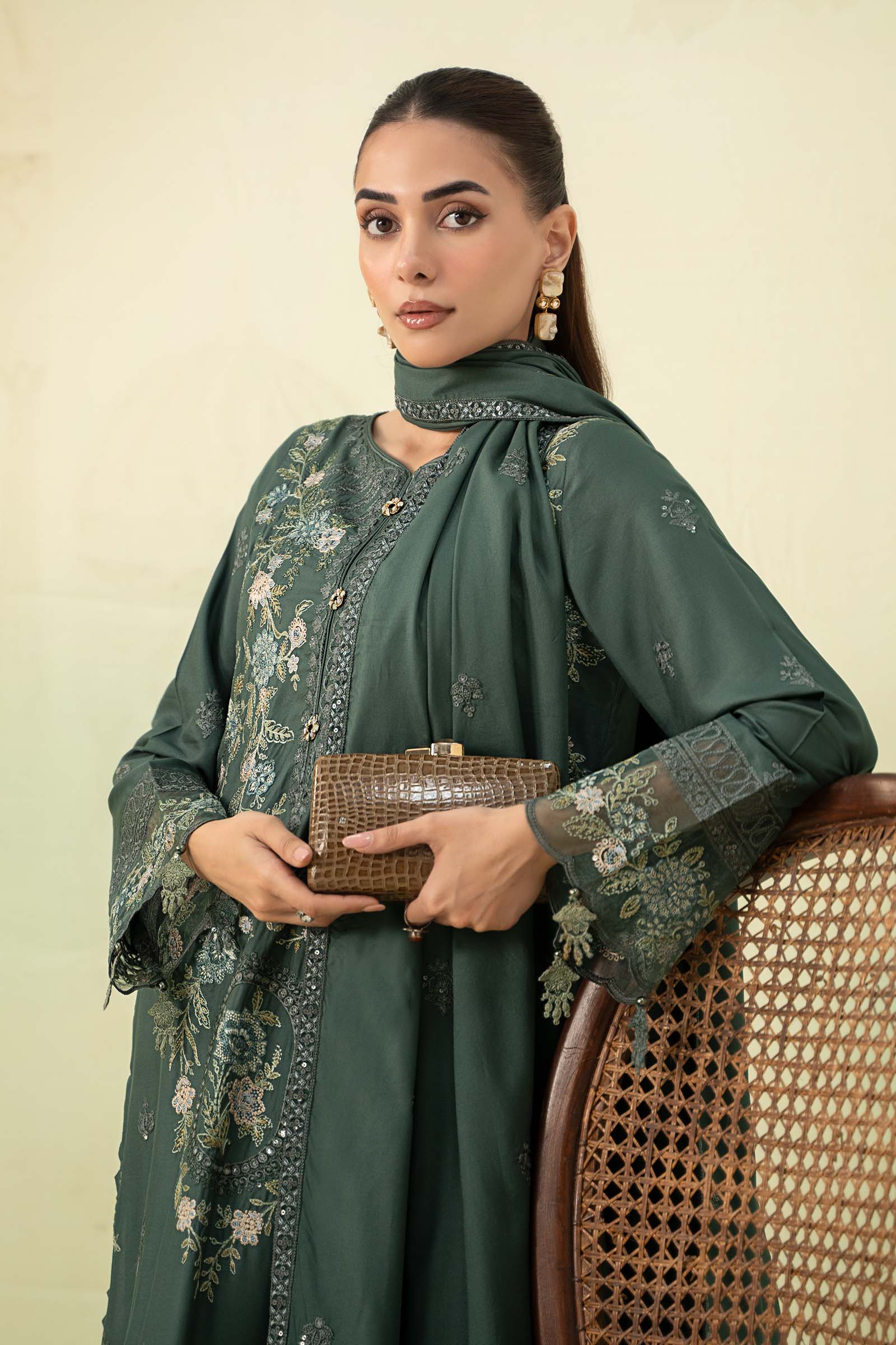 3 Piece - Maria B Dhanak Full Heavy Embroidered Suit with Dhanak Heavy Embroidered Shawl (Unstitched)
