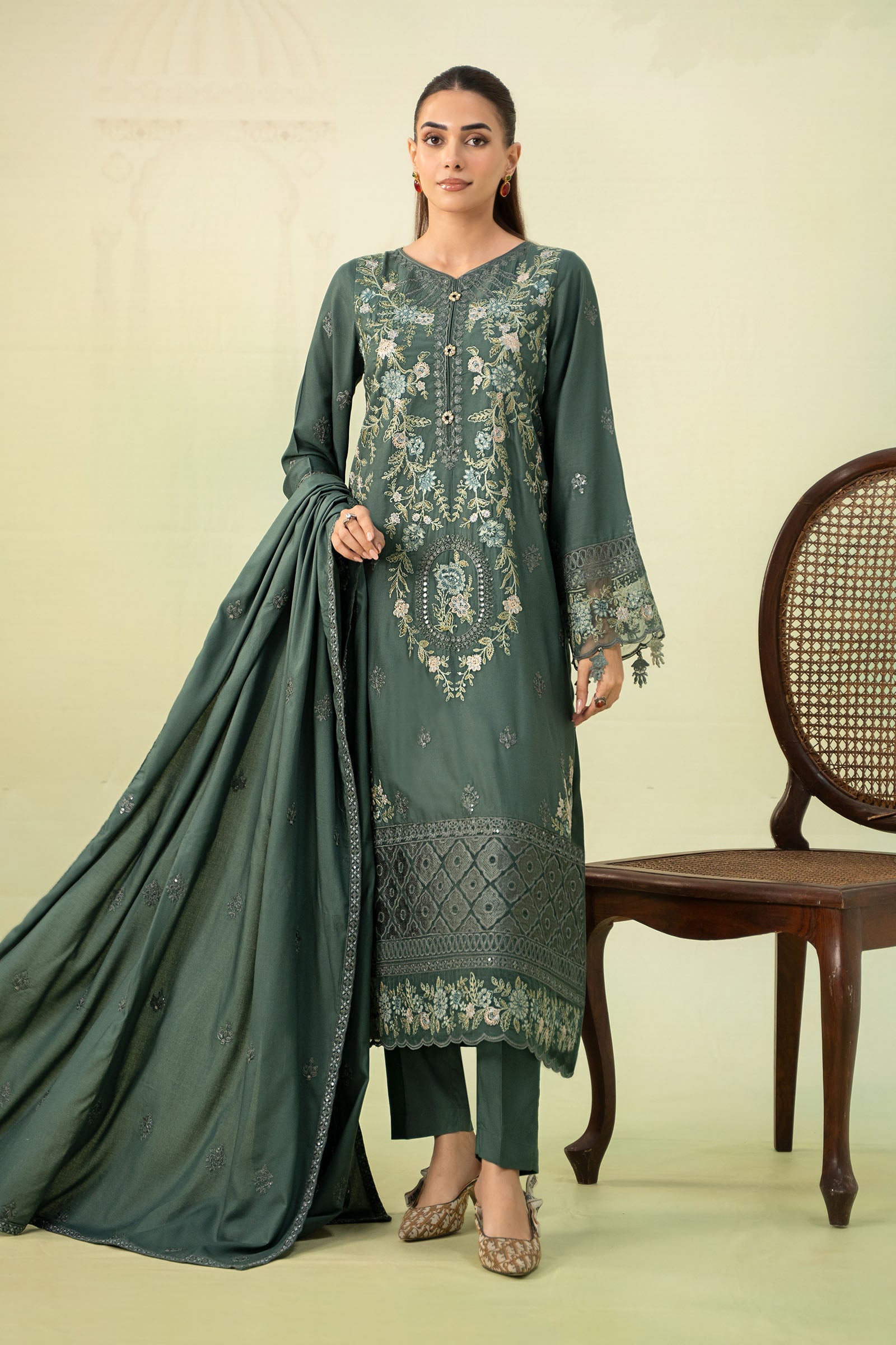 3 Piece - Maria B Dhanak Full Heavy Embroidered Suit with Dhanak Heavy Embroidered Shawl (Unstitched)