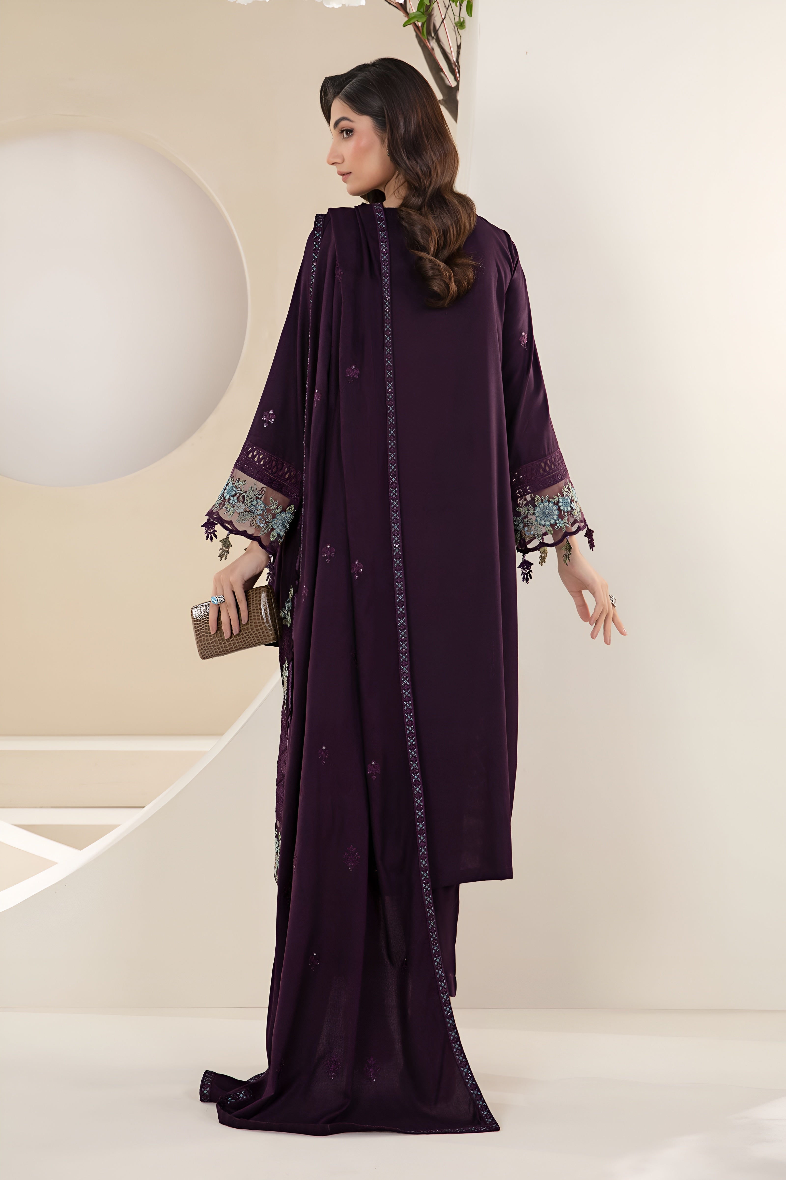 3 Piece - Maria B Dhanak Embroidered Suit with Dhanak Heavy Embroidered Shawl (Unstitched)