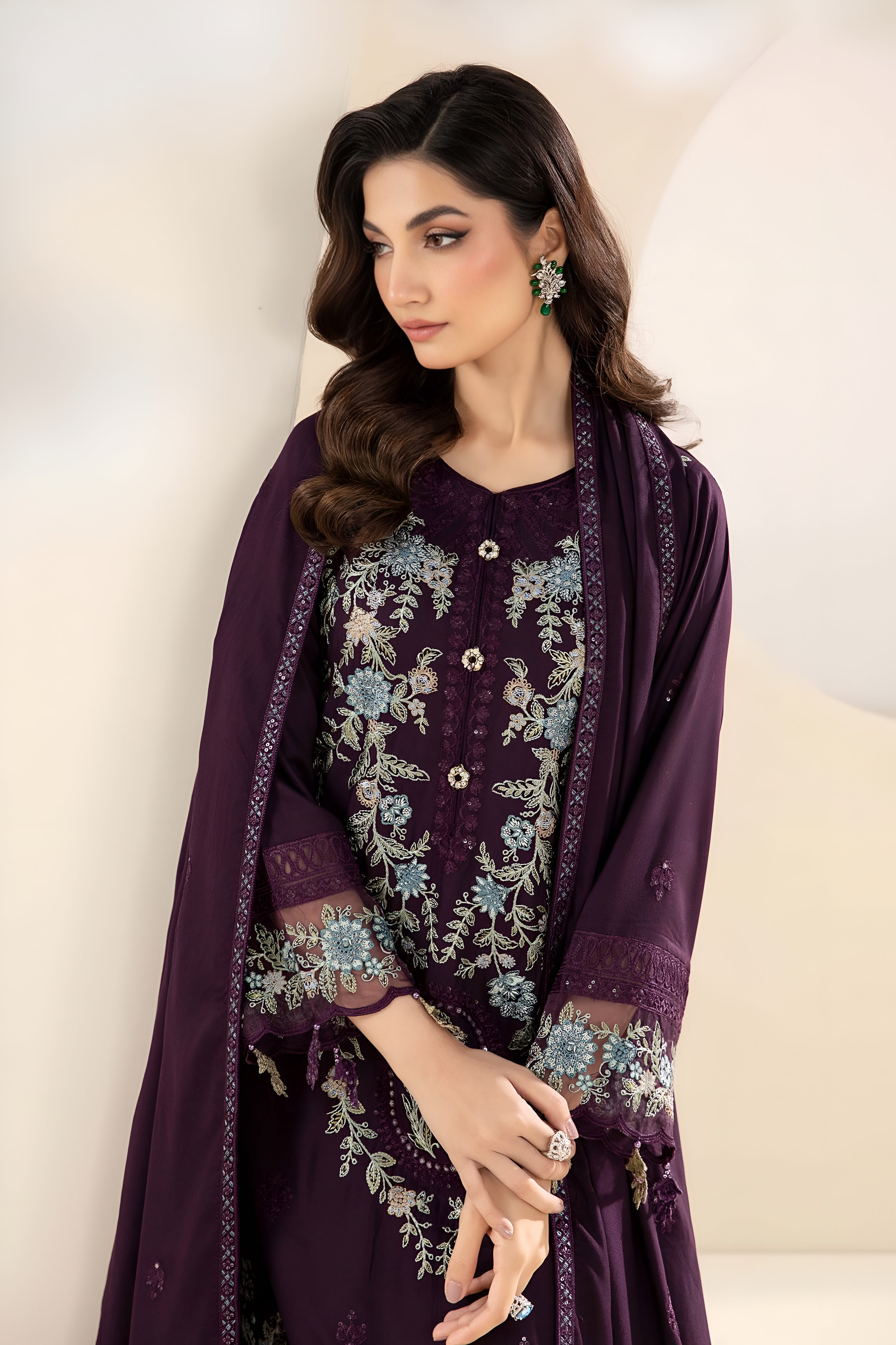 3 Piece - Maria B Dhanak Embroidered Suit with Dhanak Heavy Embroidered Shawl (Unstitched)