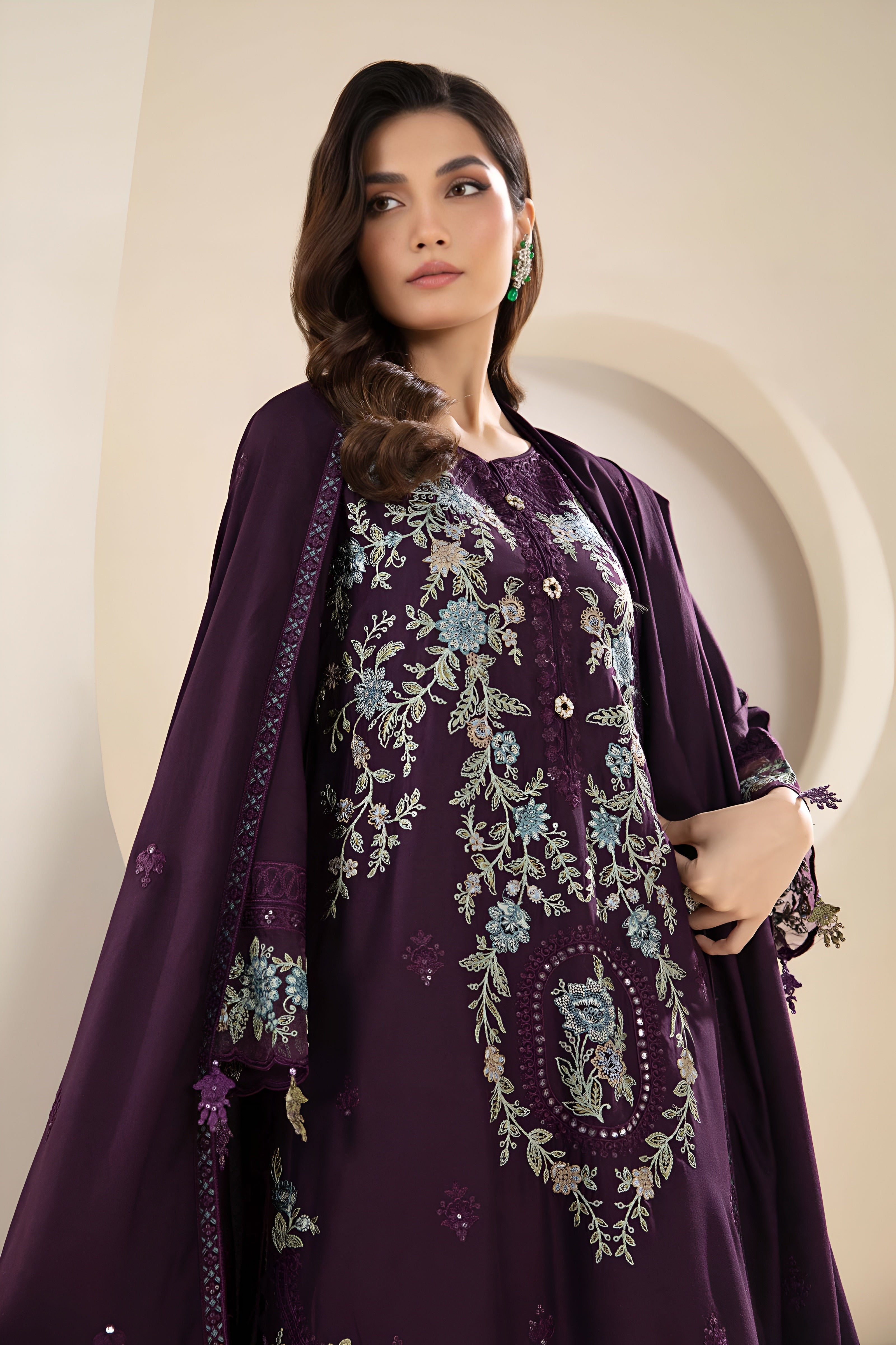 3 Piece - Maria B Dhanak Embroidered Suit with Dhanak Heavy Embroidered Shawl (Unstitched)