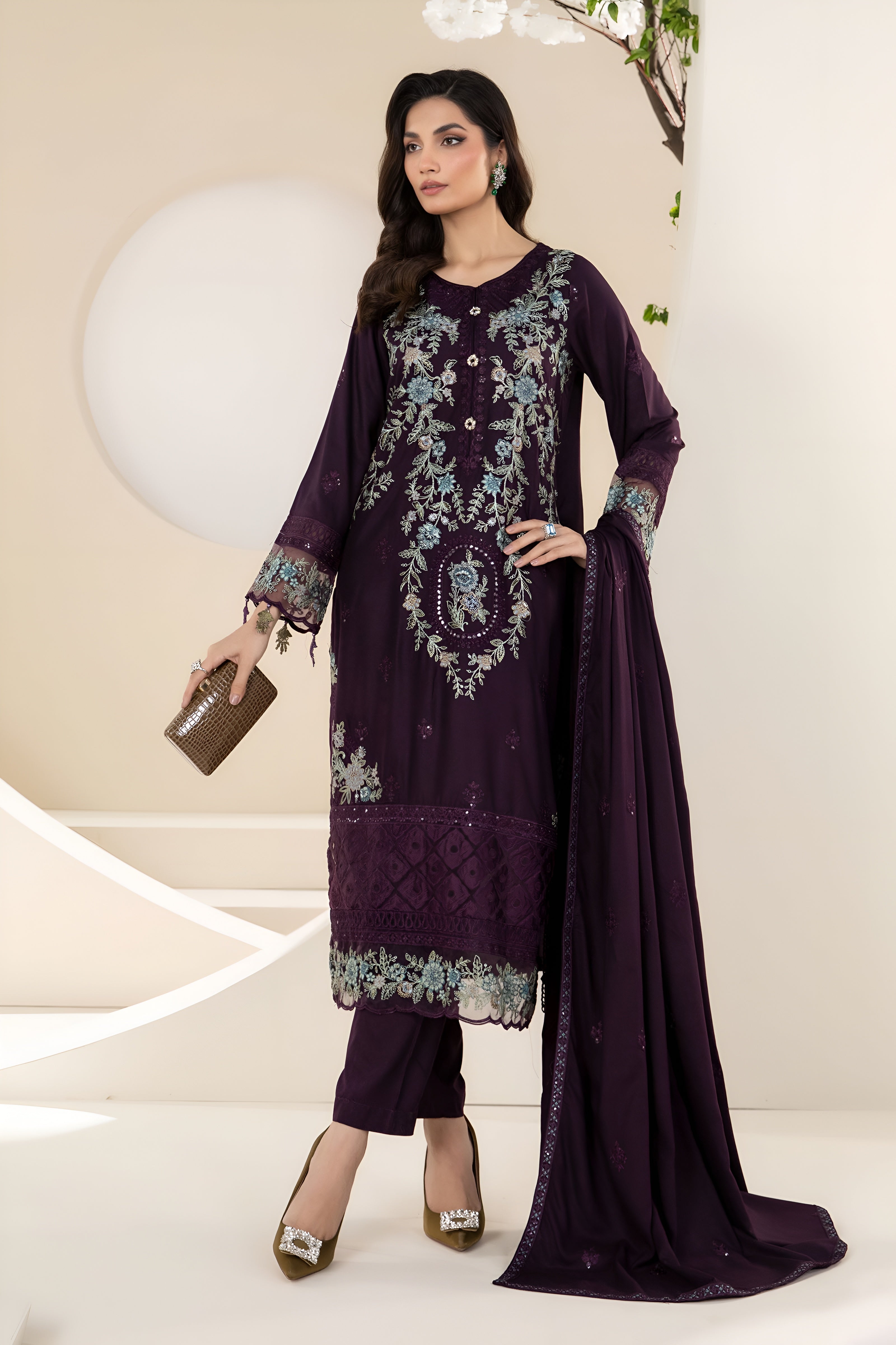 3 Piece - Maria B Dhanak Embroidered Suit with Dhanak Heavy Embroidered Shawl (Unstitched)