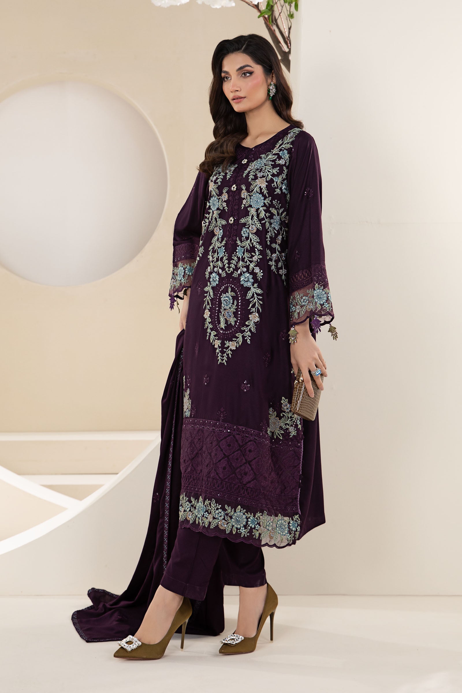 3 Piece - Maria B Dhanak Embroidered Suit with Dhanak Heavy Embroidered Shawl (Unstitched)