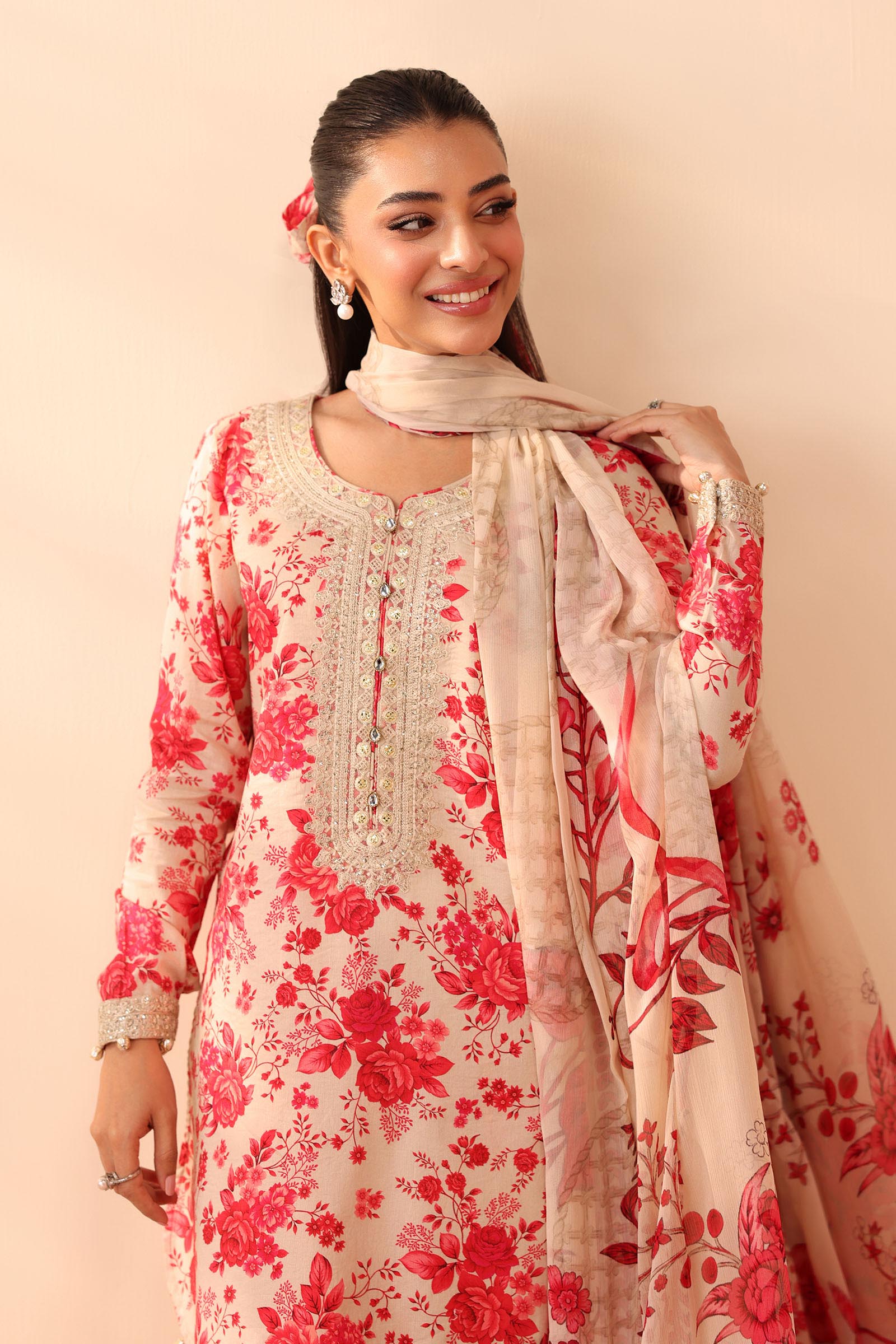 3 Piece - Maria B Linen Embroidered Suit with Embroidered Shawl (Unstitched)