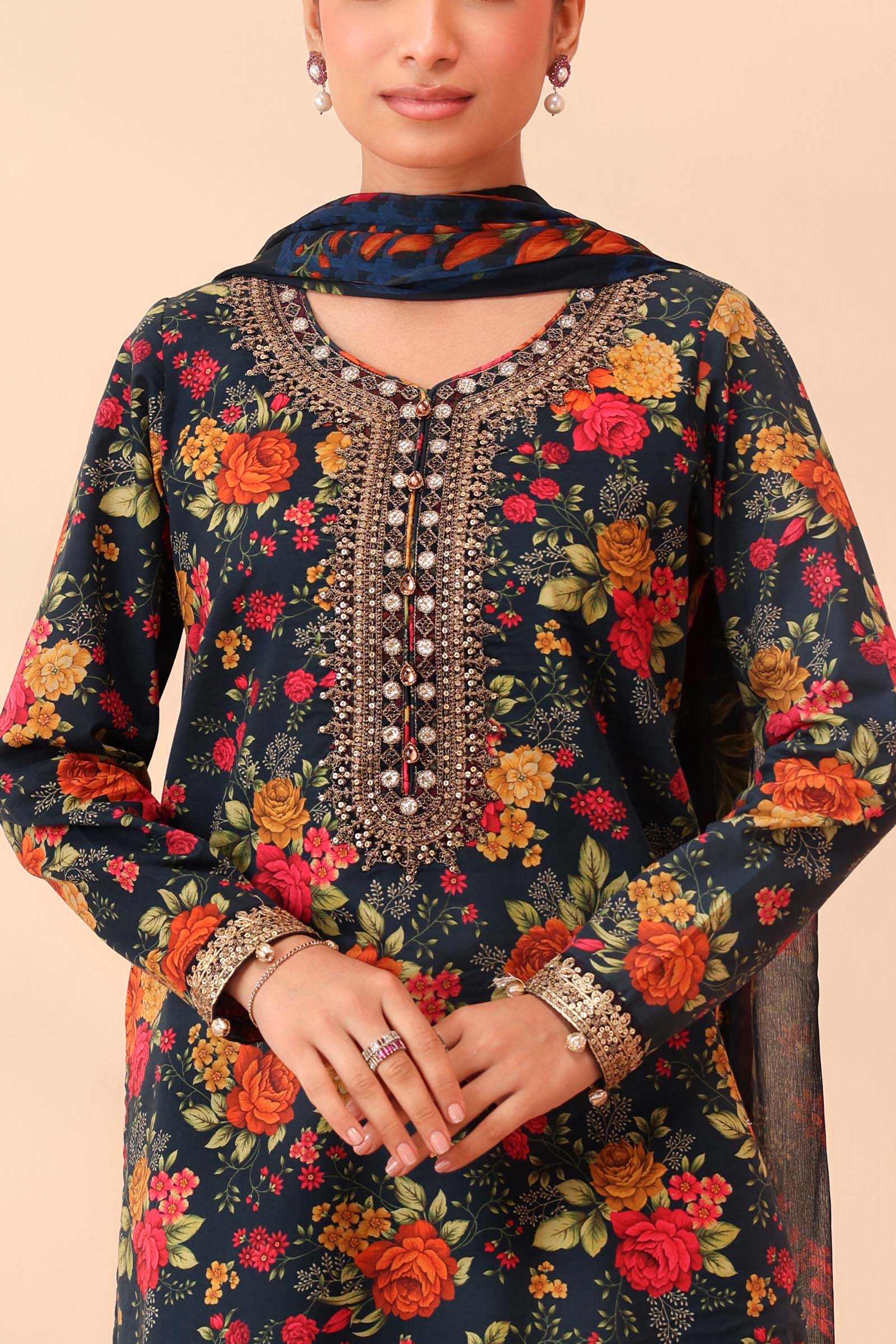 3 Piece - Maria B Linen Embroidered Suit with Embroidered Shawl (Unstitched)