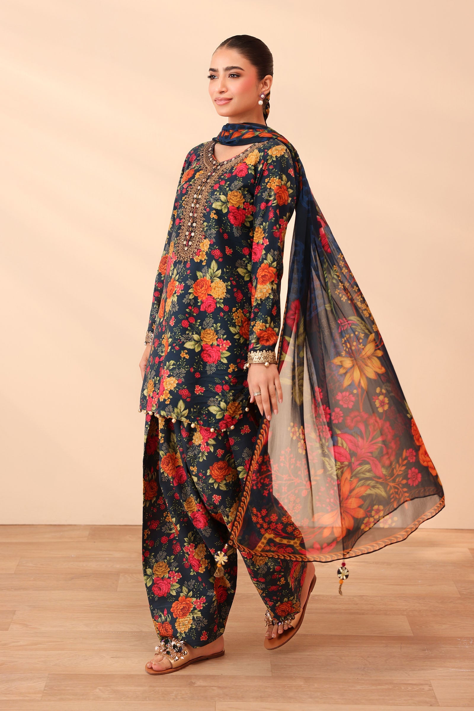 3 Piece - Maria B Linen Embroidered Suit with Embroidered Shawl (Unstitched)