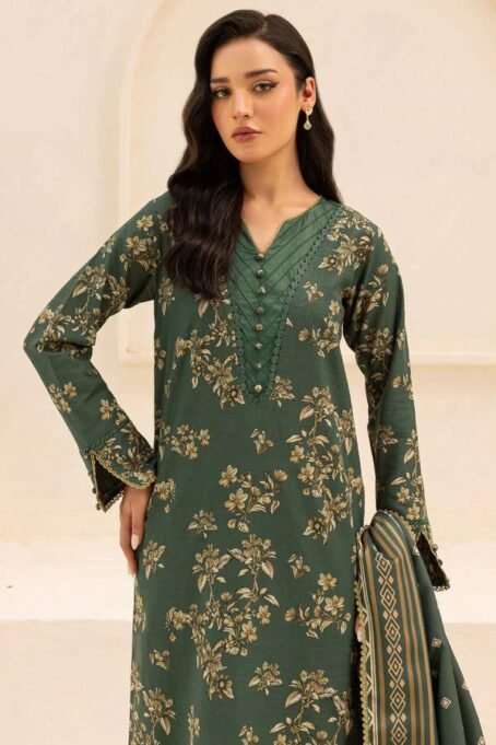 3 Piece - Iznik Khaddar Full Heavy Embroidered Suit with Digital Printed Khaddar Dupatta (Unstitched)
