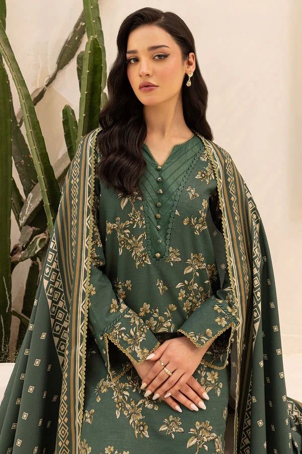3 Piece - Iznik Khaddar Full Heavy Embroidered Suit with Digital Printed Khaddar Dupatta (Unstitched)