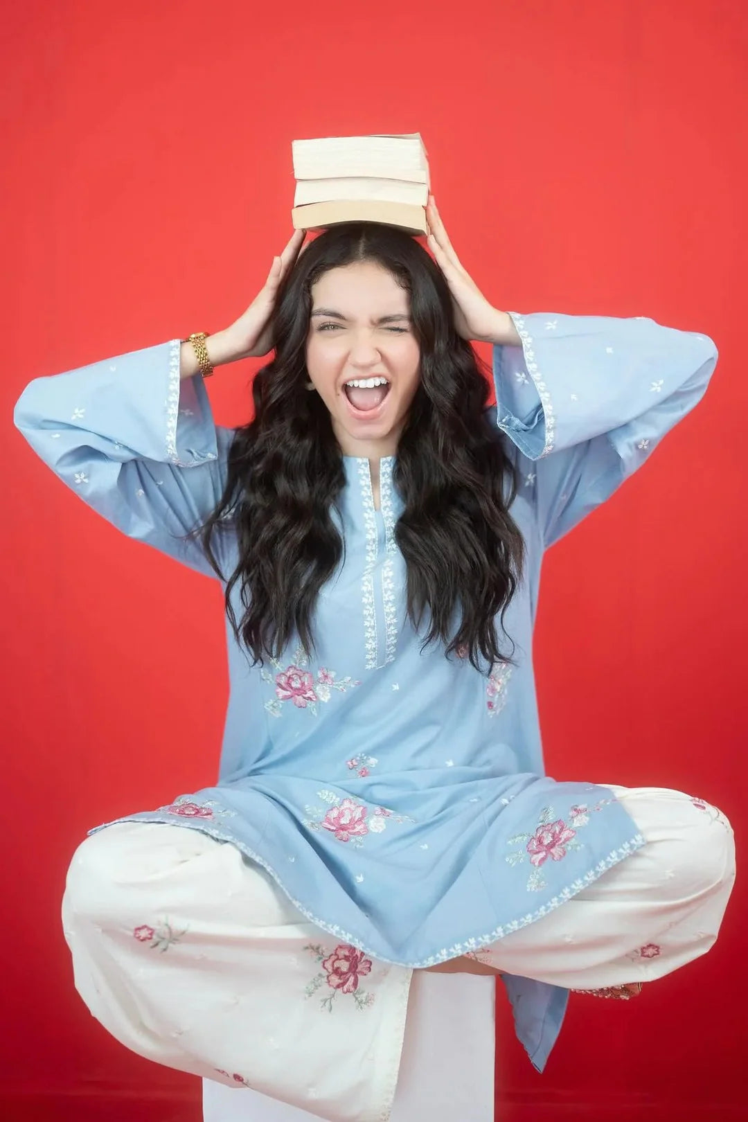 2 Piece - Dhanak Embroidered Suit with Plain Dyed Dhanak Trouser (Unstitched)