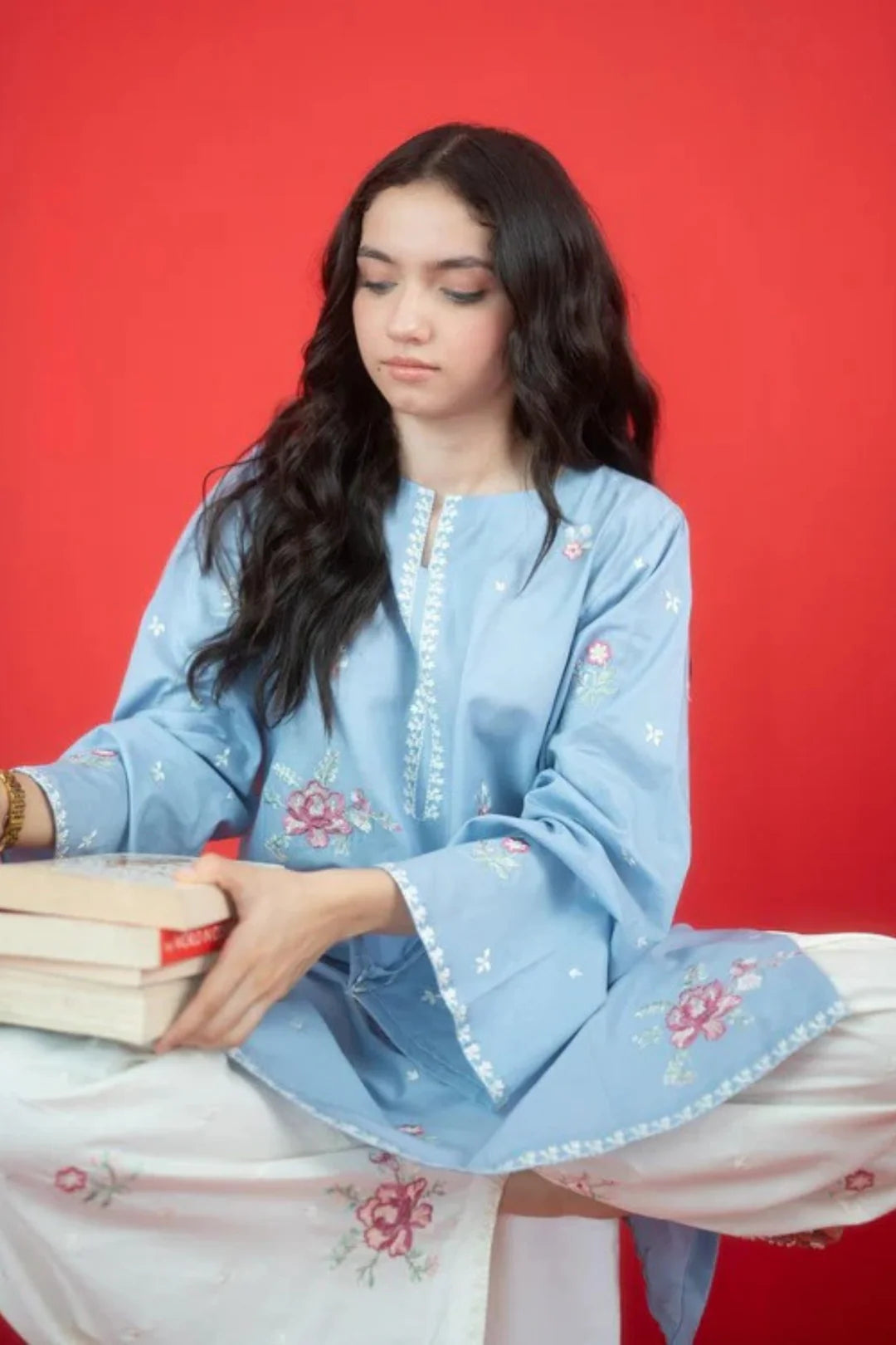 2 Piece - Dhanak Embroidered Suit with Plain Dyed Dhanak Trouser (Unstitched)