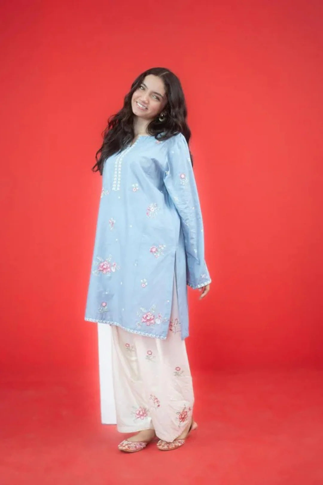 2 Piece - Dhanak Embroidered Suit with Plain Dyed Dhanak Trouser (Unstitched)